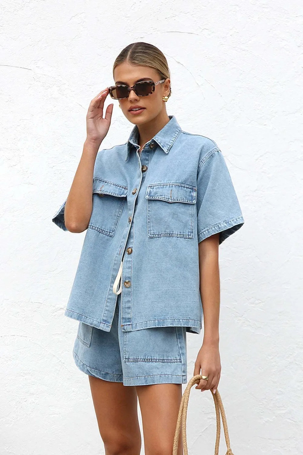 Button Up Top and Shorts Denim Set - CHIC TB