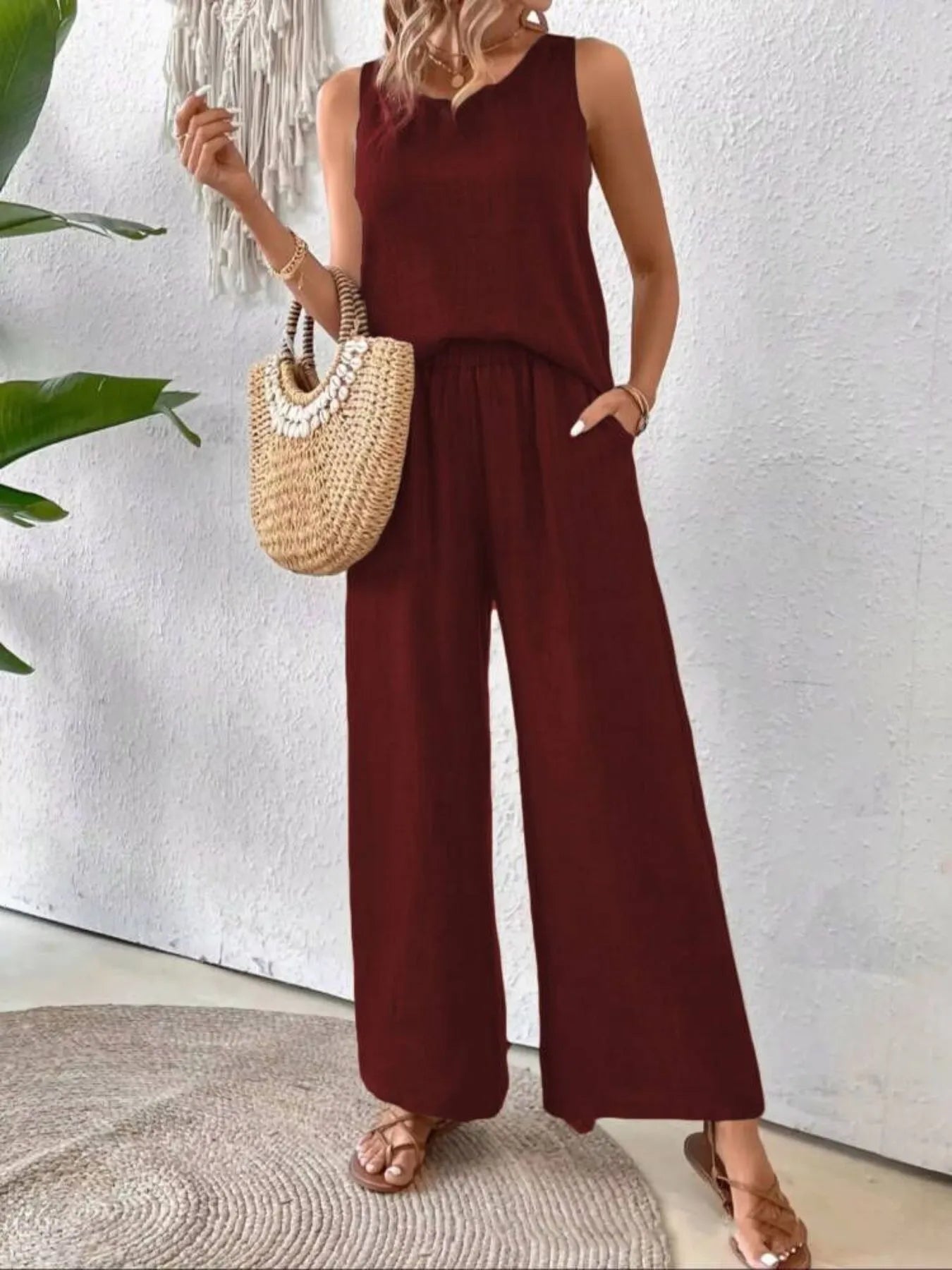 Round Neck Tank and Wide Leg Pants Set - CHIC TB