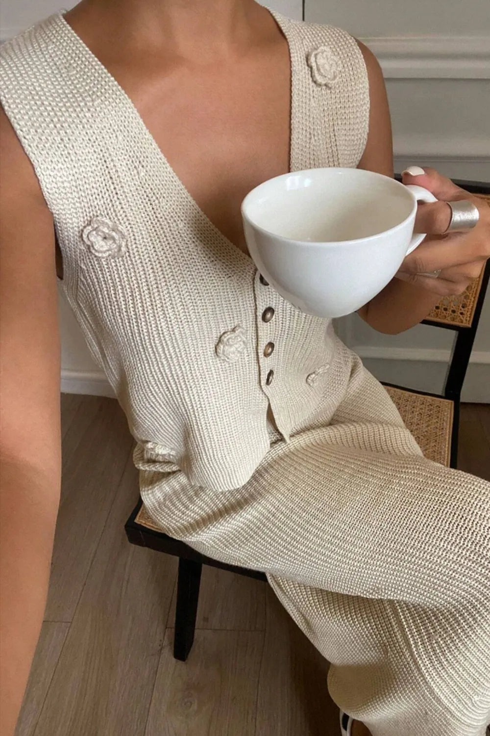 V-Neck Vest and Skirt Sweater Set - CHIC TB