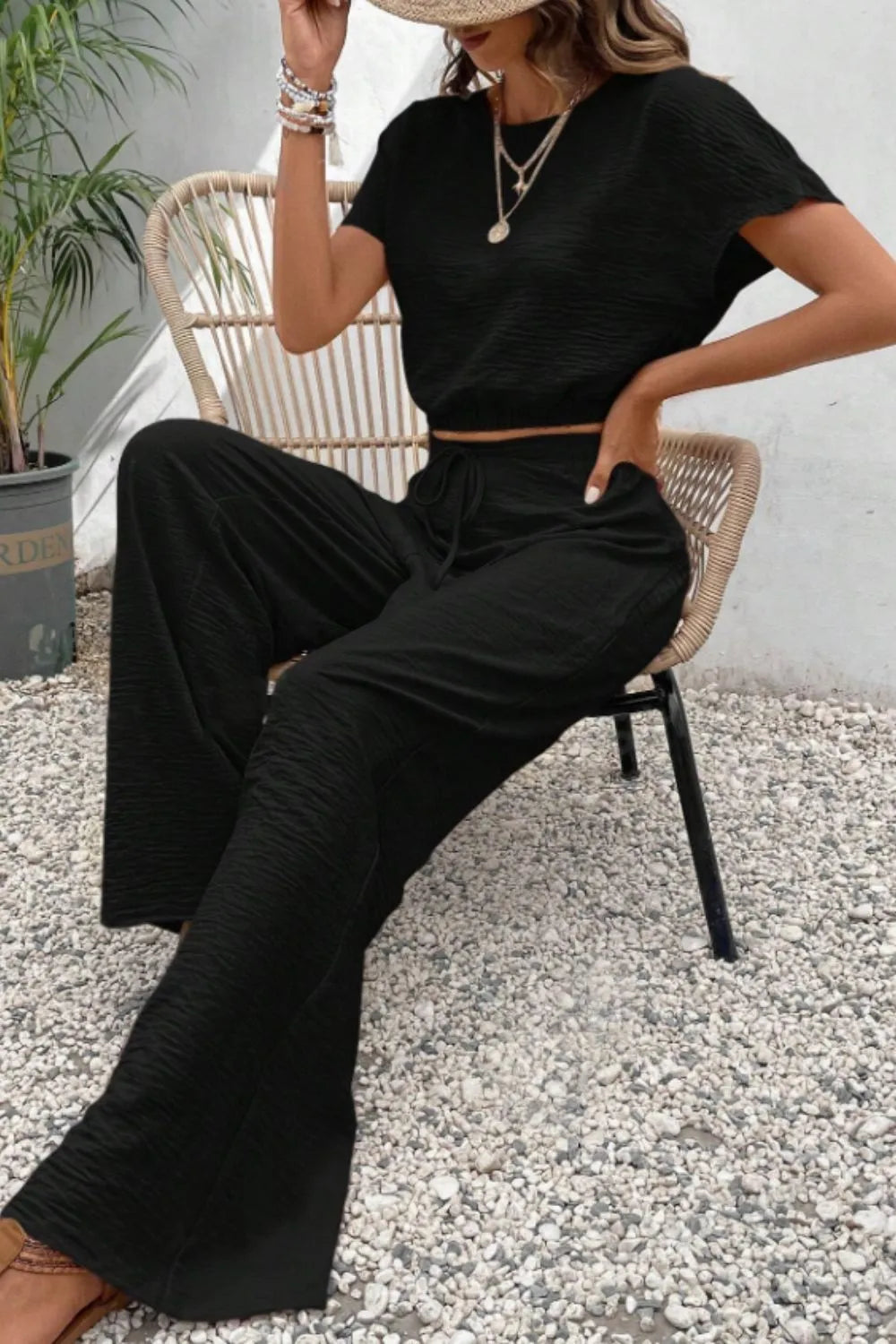 Round Neck Short Sleeve Top and Pants Set - CHIC TB