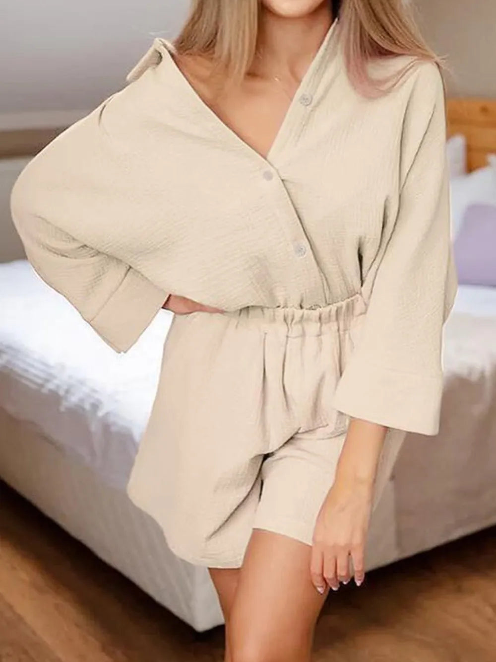 Texture Button Up Shirt and Shorts Set - CHIC TB