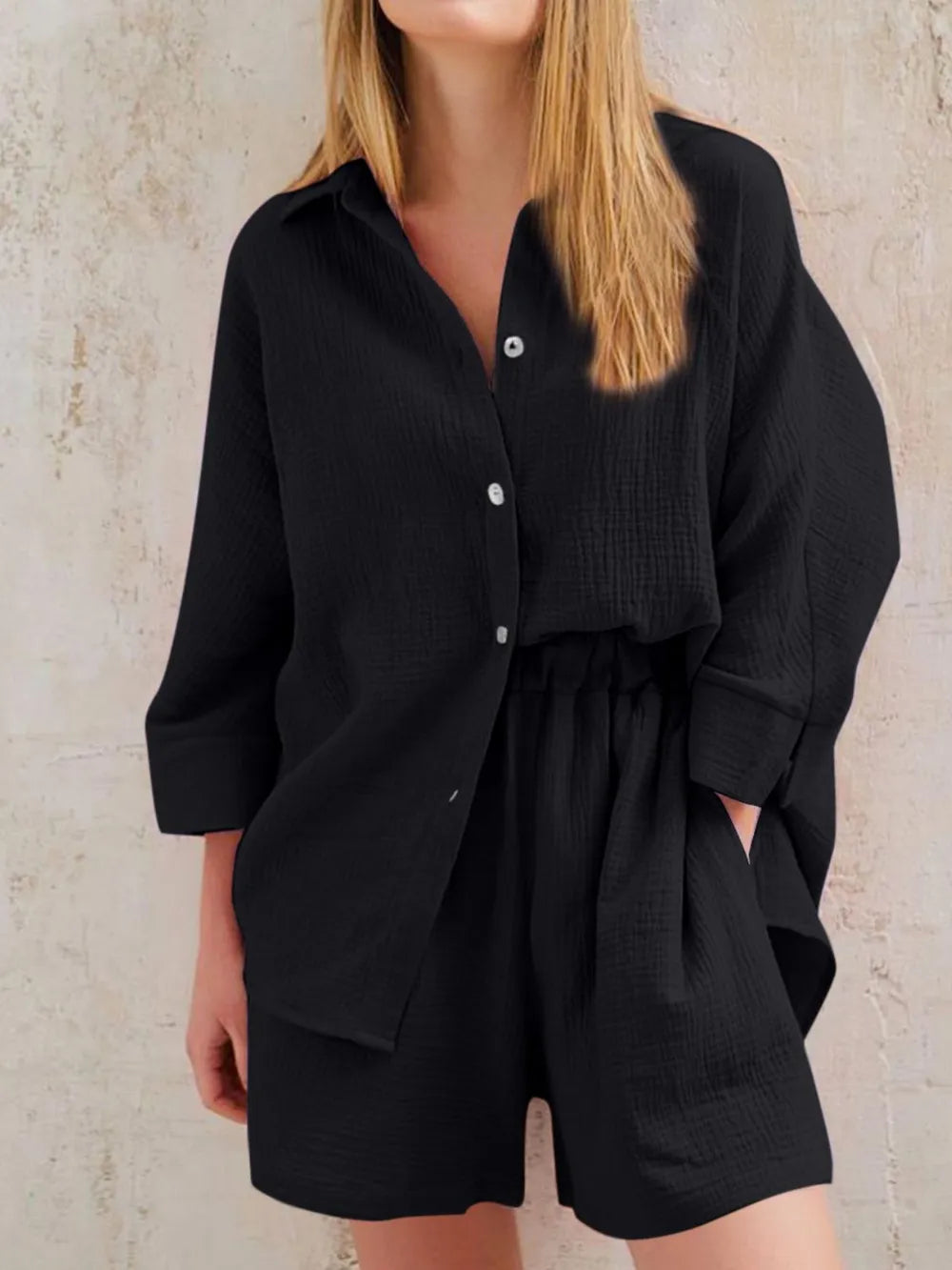 Texture Button Up Shirt and Shorts Set - CHIC TB