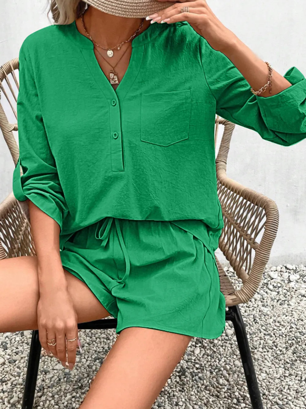 Notched Long Sleeve Top and Shorts Set - CHIC TB