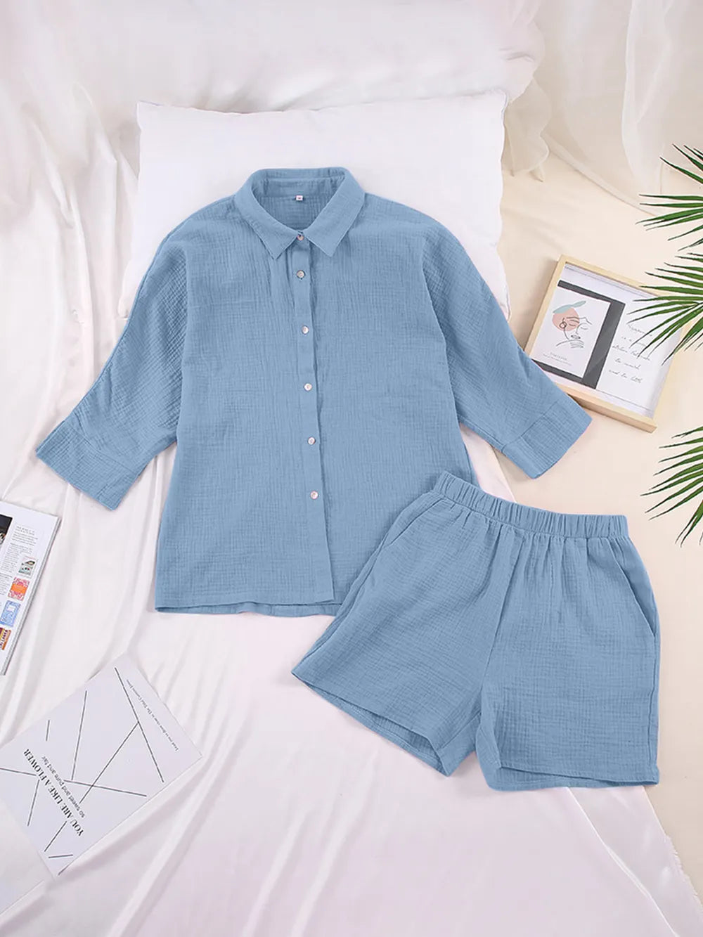 Texture Button Up Shirt and Shorts Set - CHIC TB