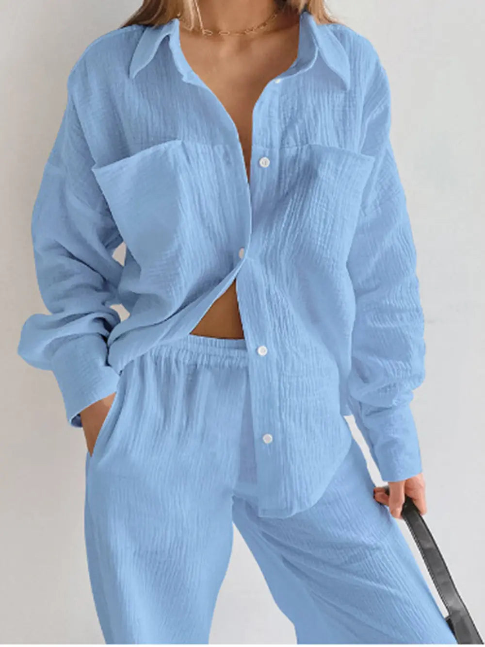 Texture Button Up Long Sleeve Shirt and Pants Set - CHIC TB