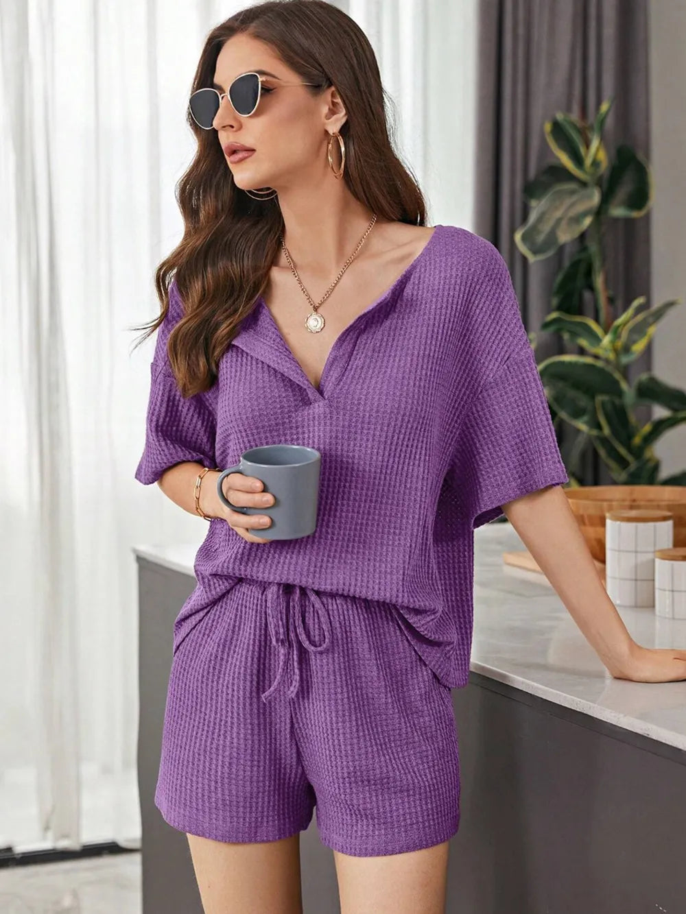 Full Size Waffle-Knit Dropped Shoulder Top and Shorts Set - CHIC TB