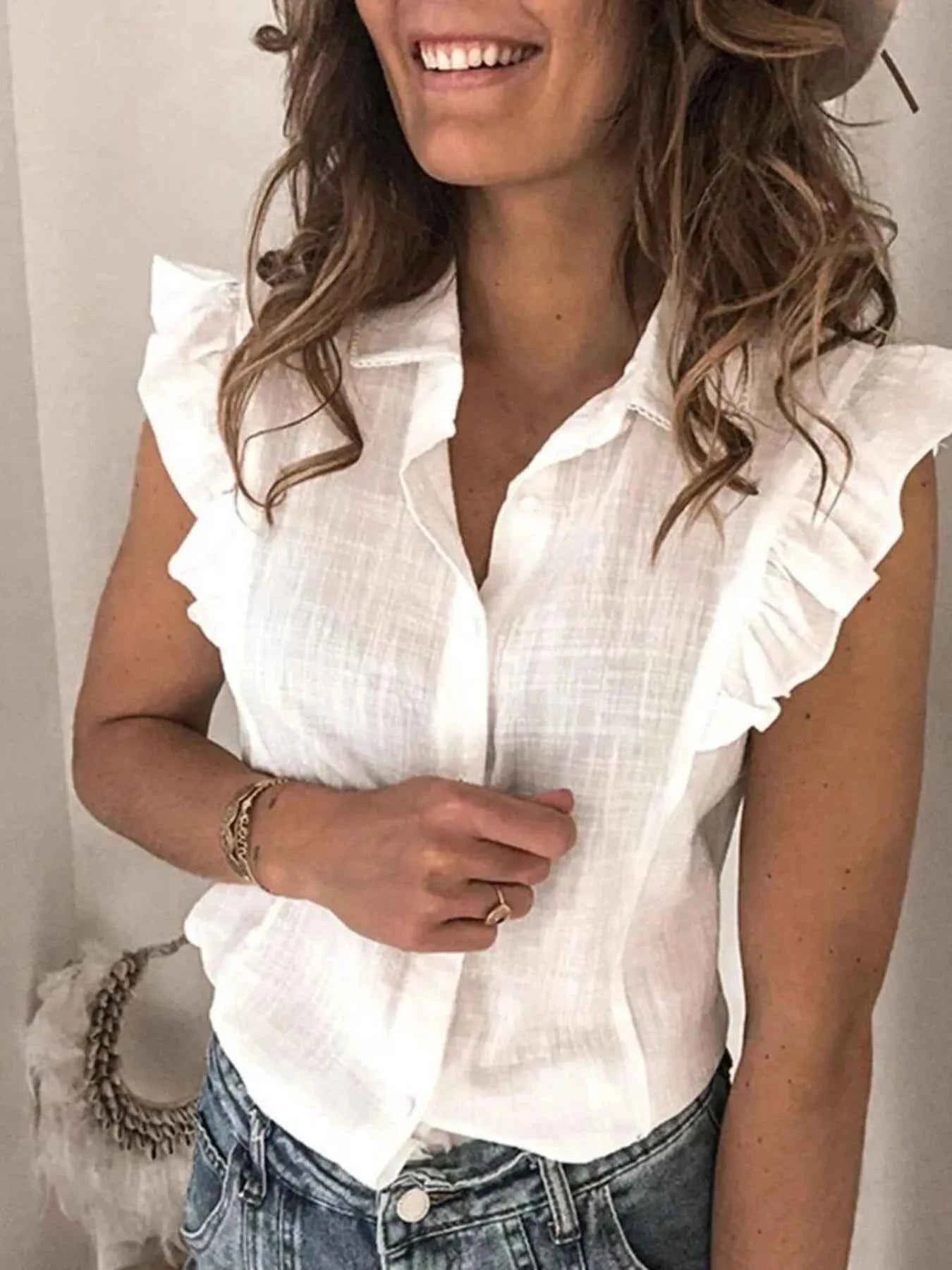 Ruffle Sleeve Button-Up Shirt