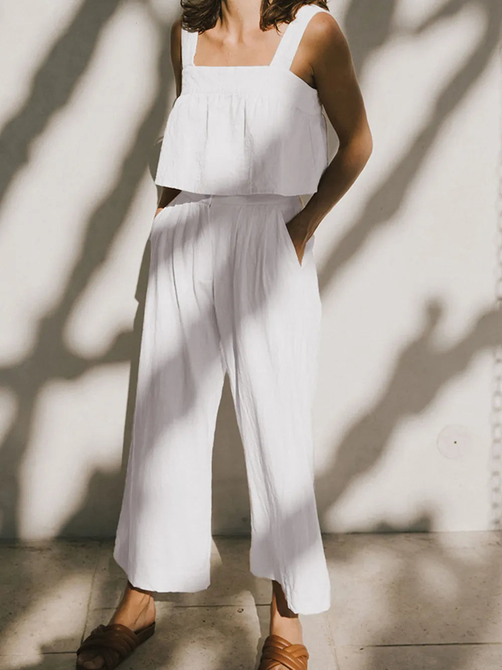 Square Neck Wide Strap Top and Pants Set - CHIC TB