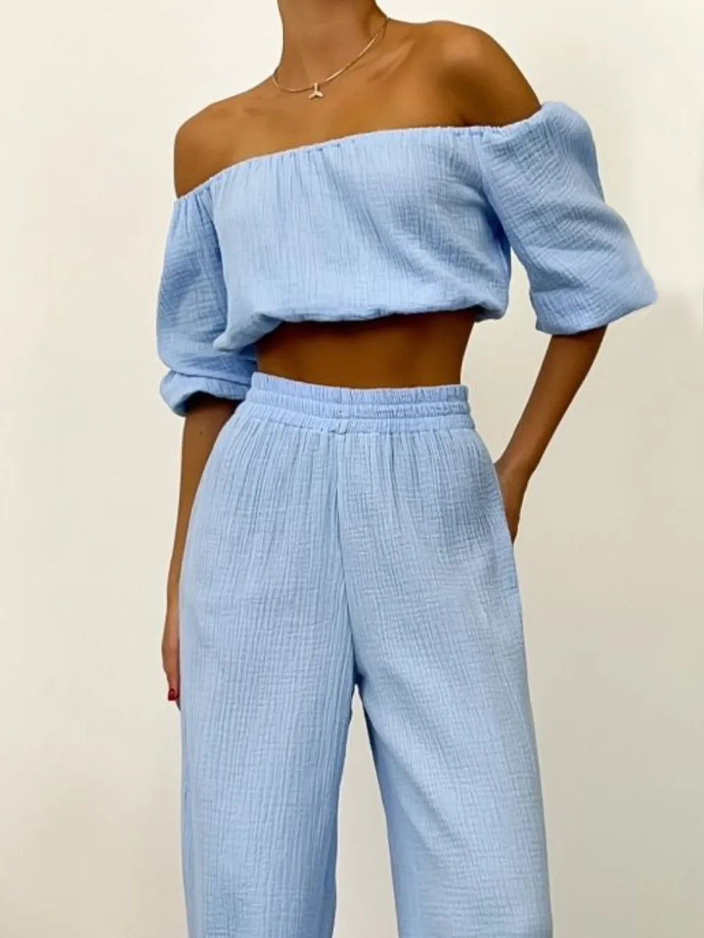 Off Shoulder Long Sleeve Top and Pants Set - CHIC TB