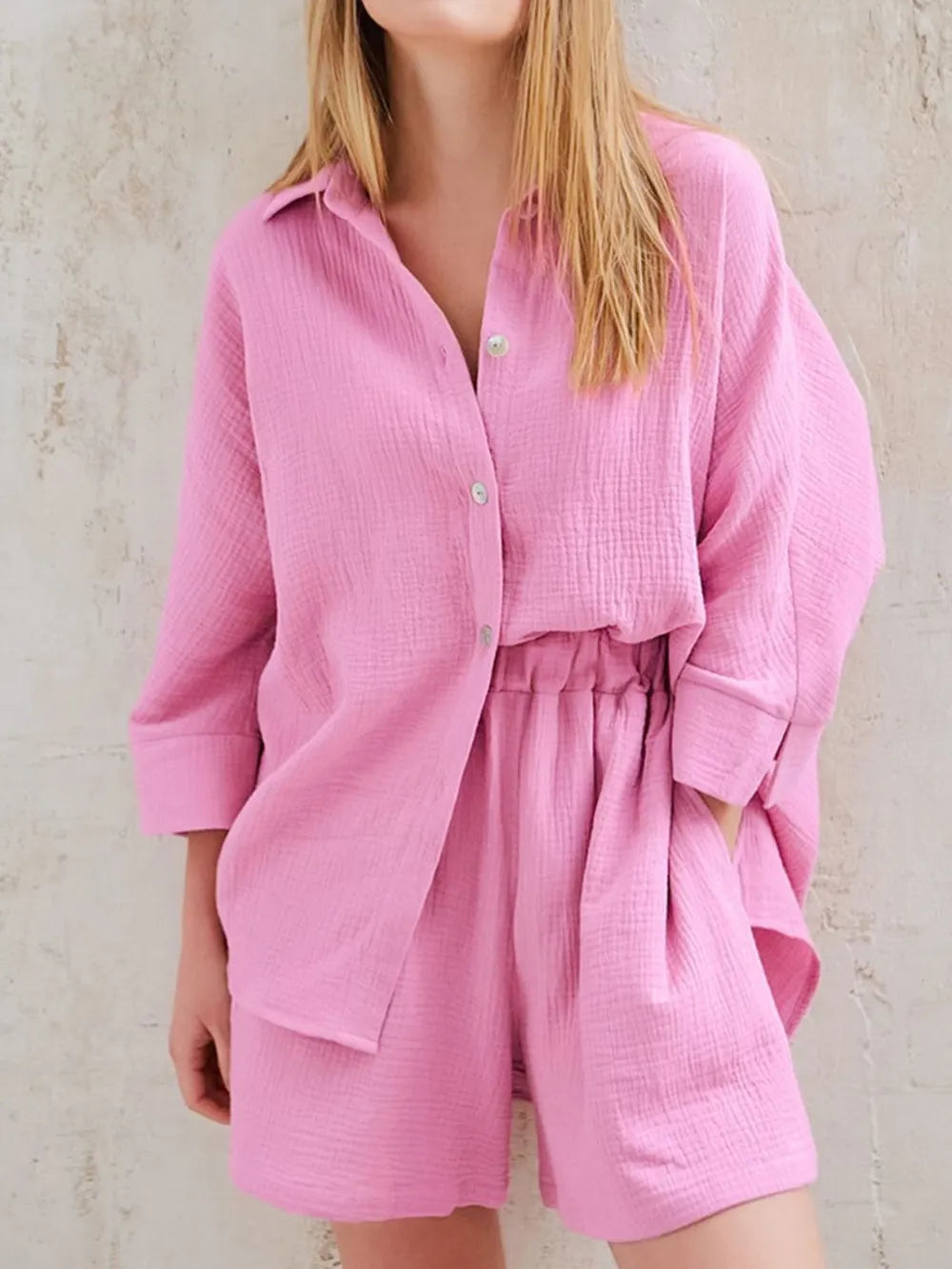 Texture Button Up Shirt and Shorts Set - CHIC TB