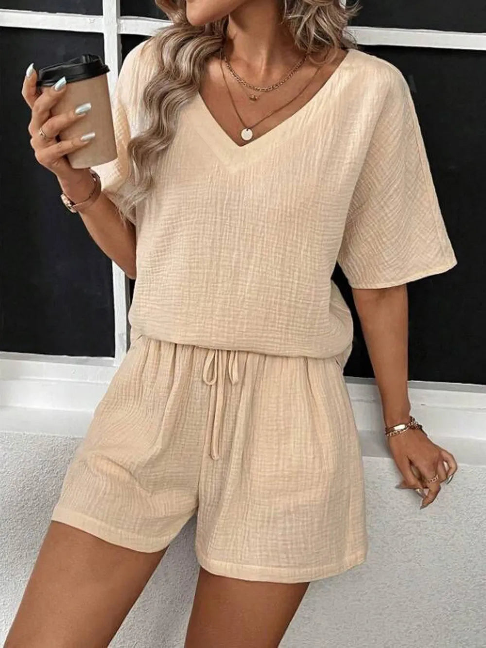 V-Neck Half Sleeve Top and Shorts Set - CHIC TB