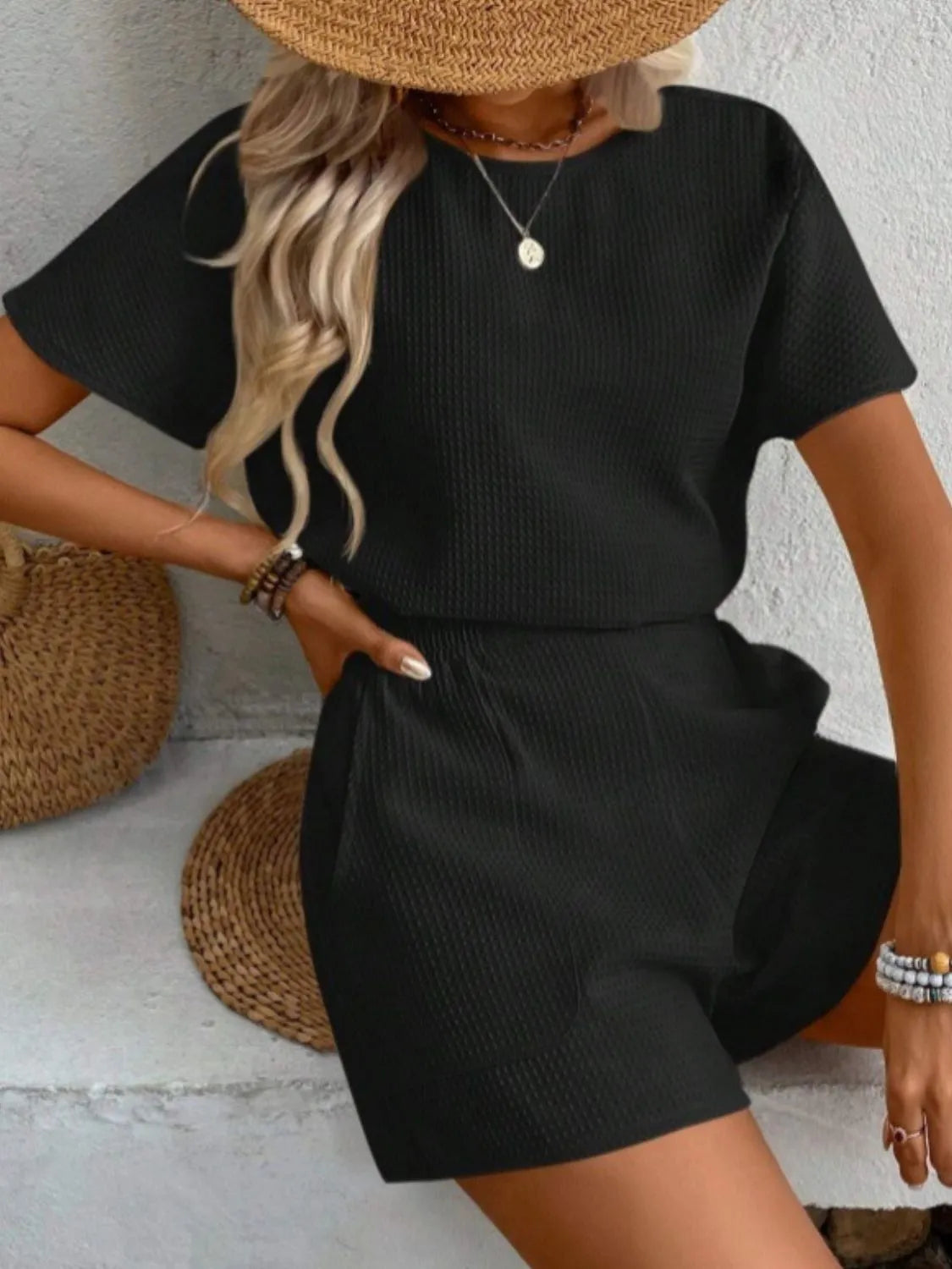 Round Neck Short Sleeve Top and Shorts Set - CHIC TB