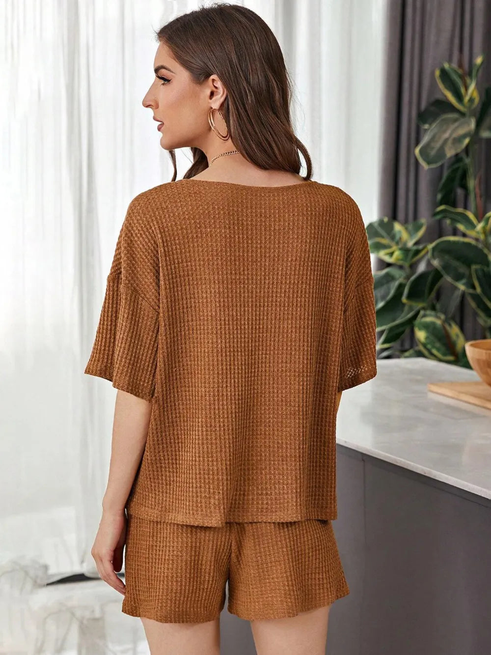 Full Size Waffle-Knit Dropped Shoulder Top and Shorts Set - CHIC TB