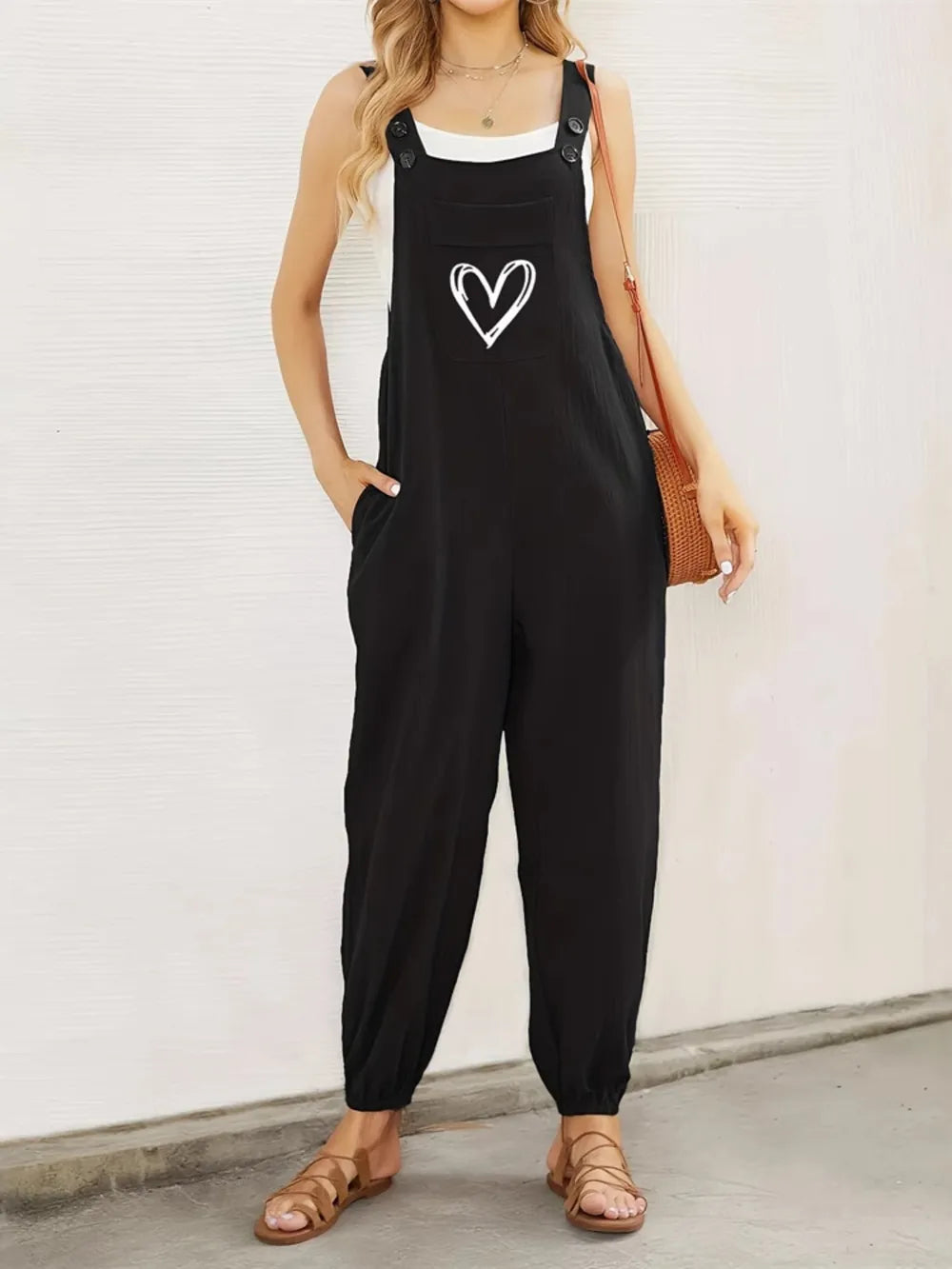 Heart Square Neck Wide Strap Overalls - CHIC TB