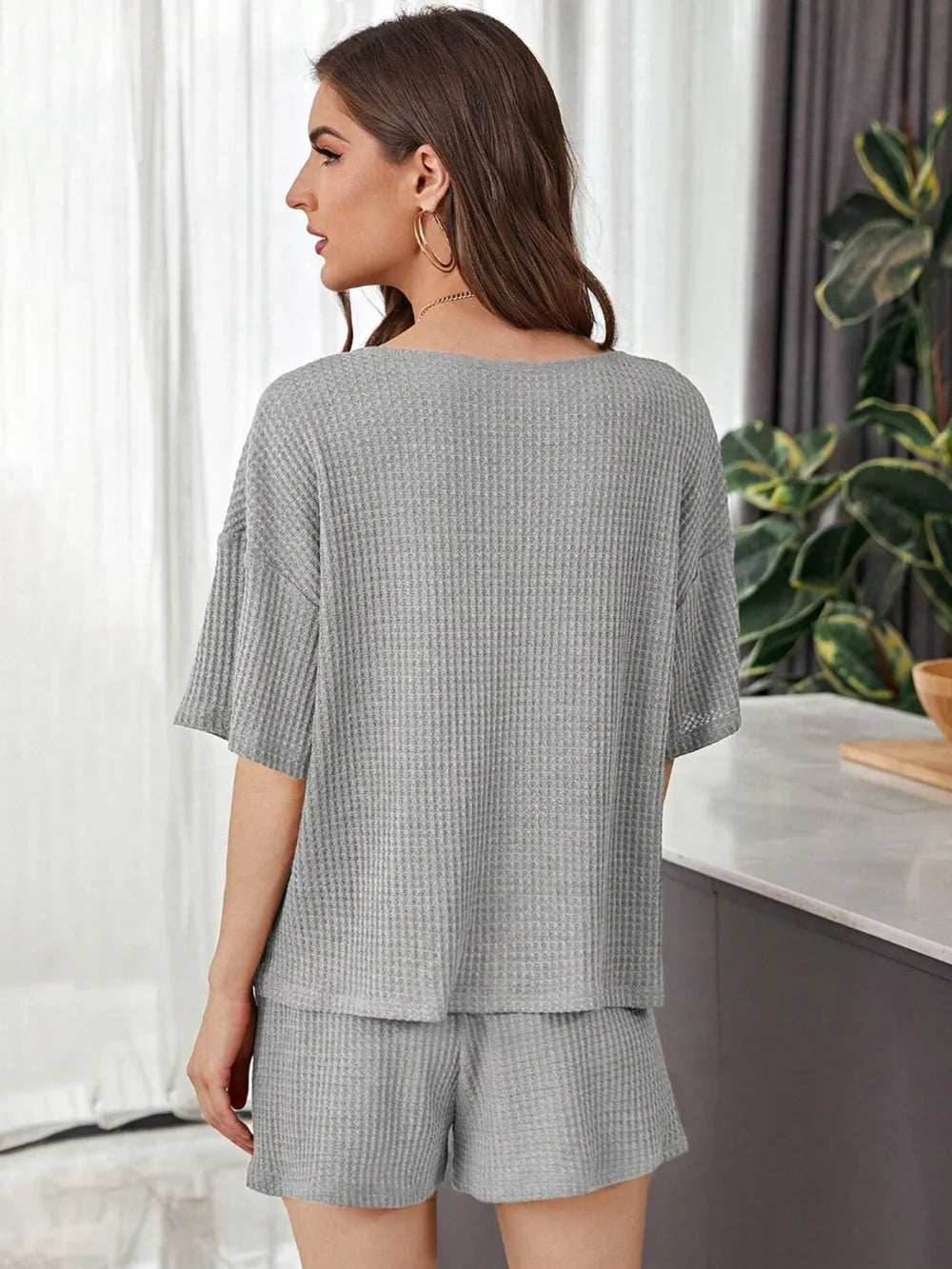 Full Size Waffle-Knit Dropped Shoulder Top and Shorts Set - CHIC TB