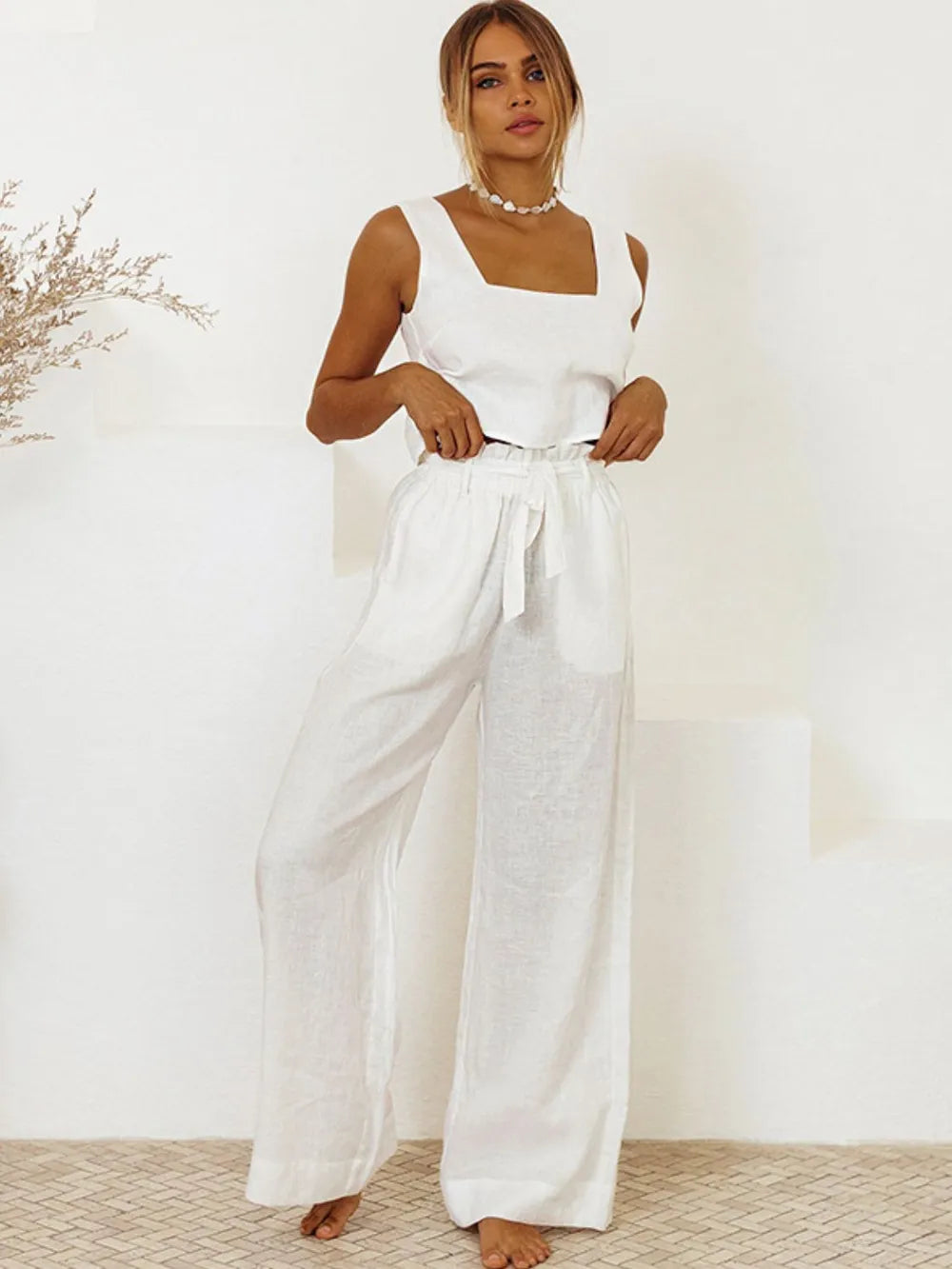 Square Neck Sleeveless Top and Pants Set - CHIC TB