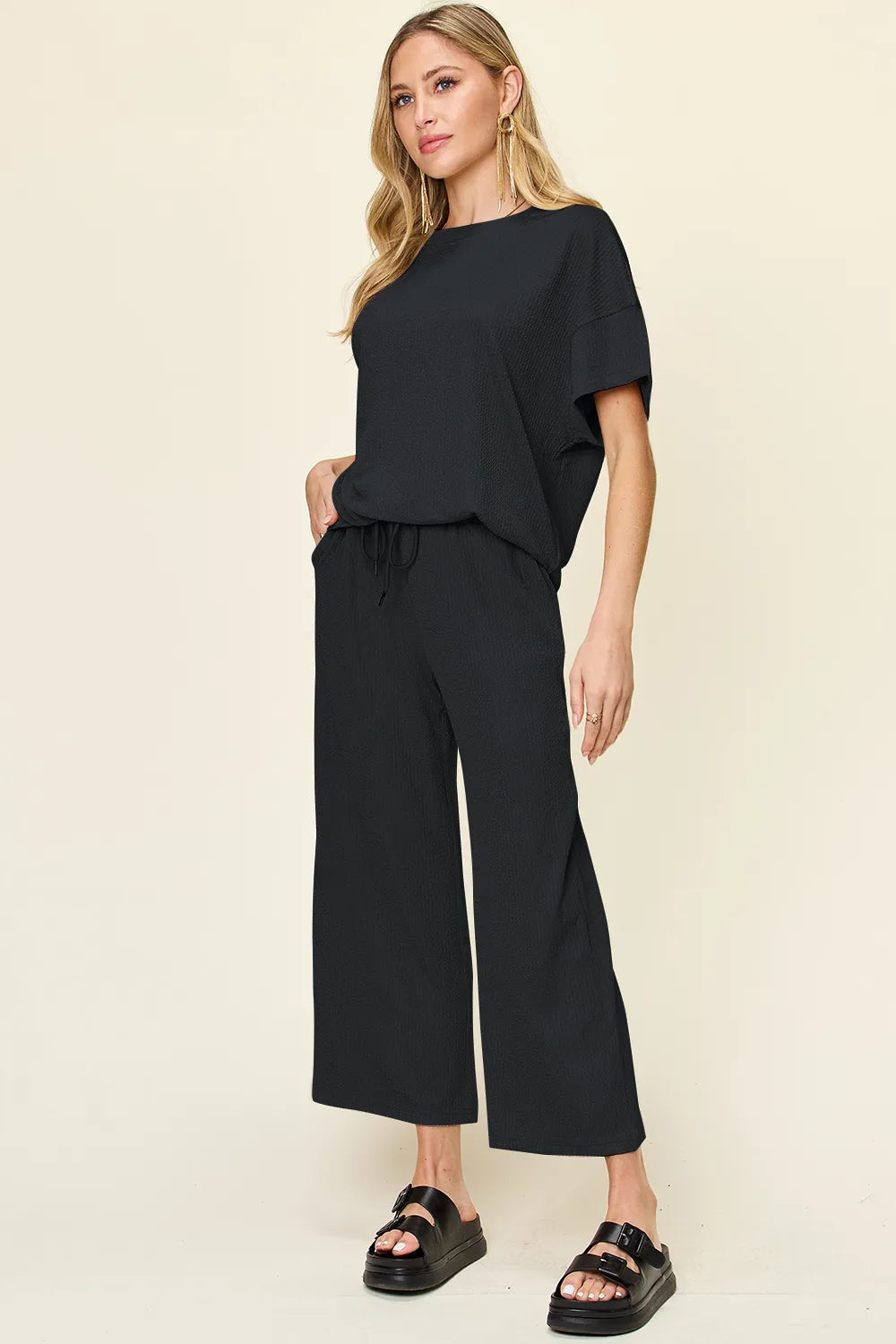 Double Take Full Size Texture Round Neck Short Sleeve T-Shirt and Wide Leg Pants - CHIC TB