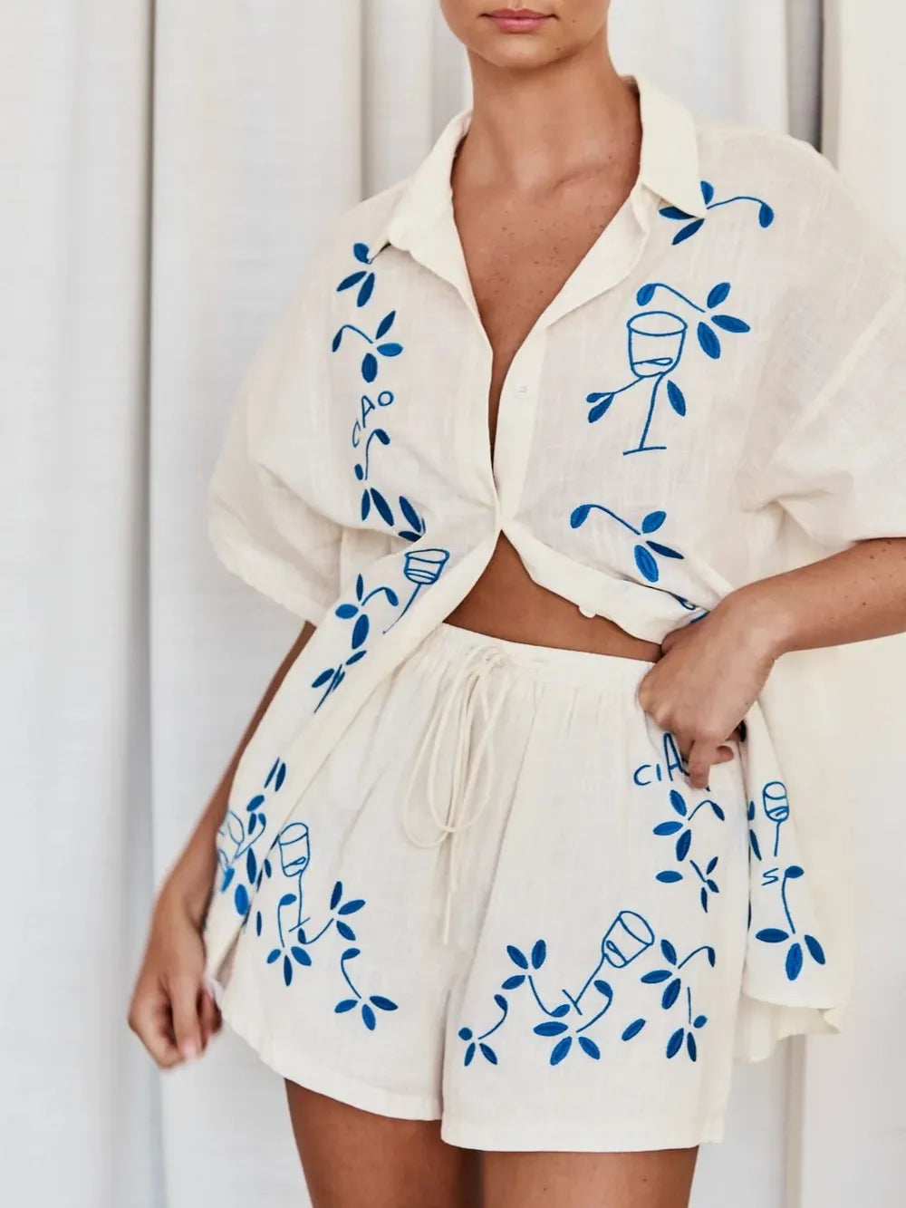 Embroidered Button Up Half Sleeve Top and Shorts Set - CHIC TB