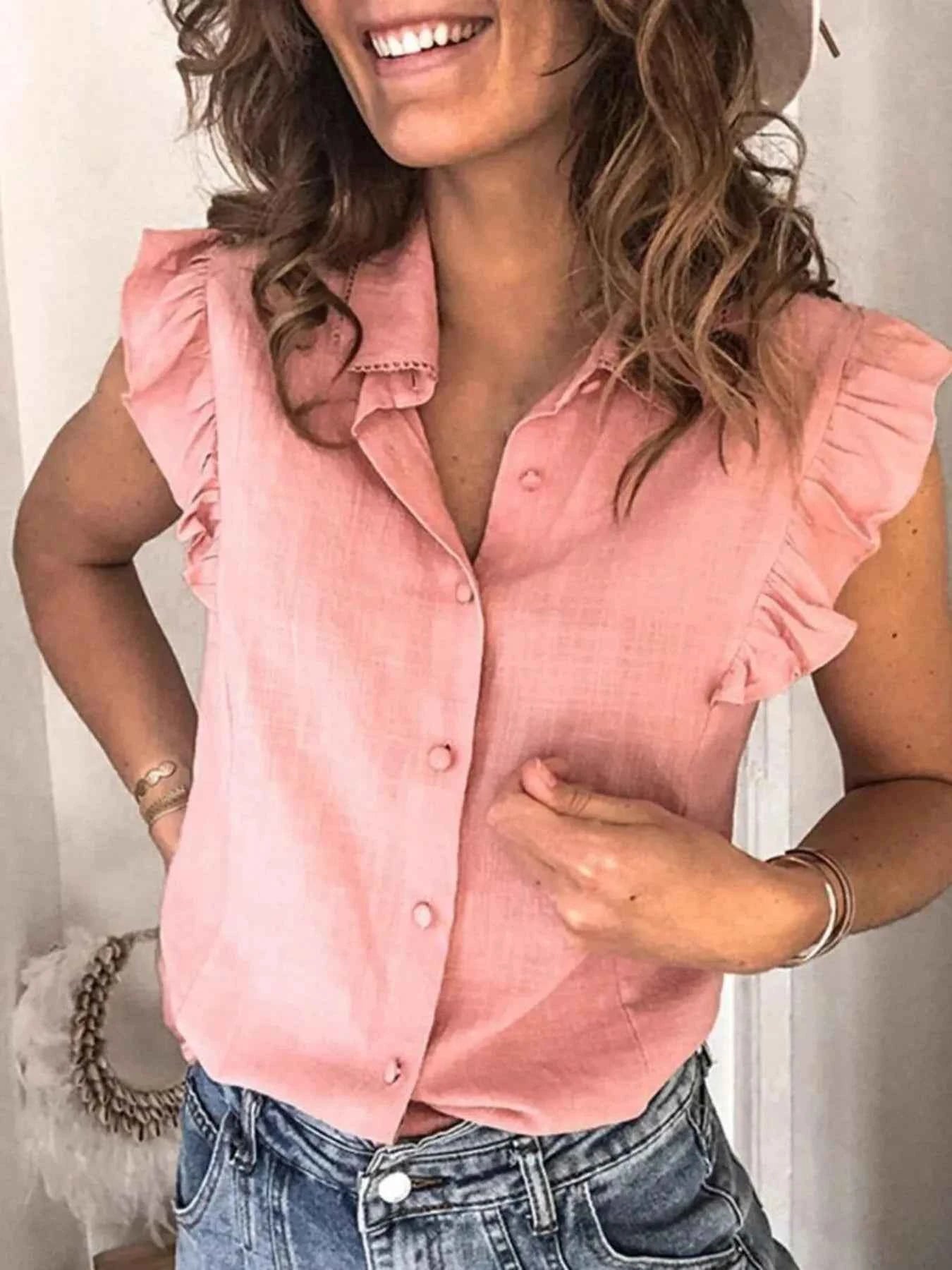 Ruffle Sleeve Button-Up Shirt