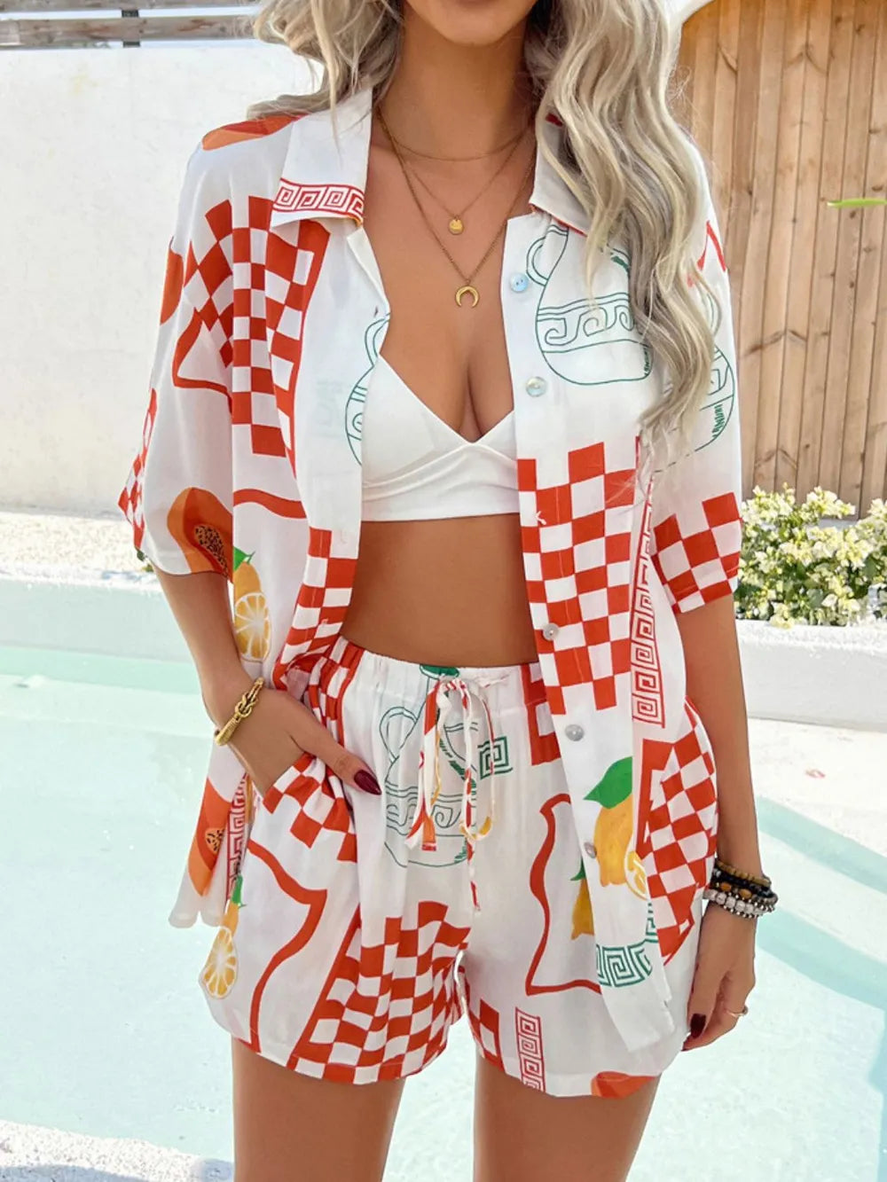 Neck Half Sleeve Top and Shorts Set WOMEN - CHIC TB