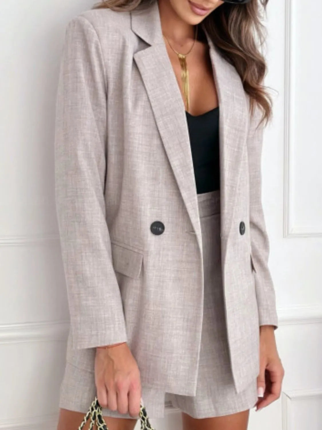 One Button Lapel Collar Blazer and Shorts Set WOMEN - CHIC TB