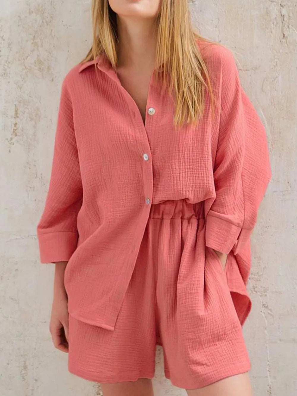 Texture Button Up Shirt and Shorts Set - CHIC TB