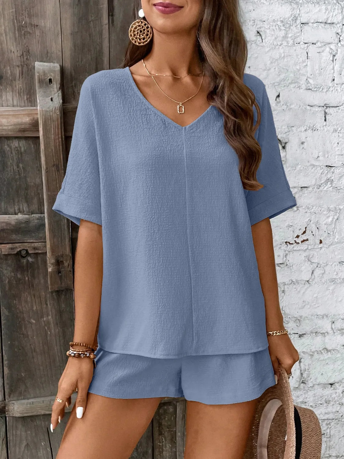 V-Neck Half Sleeve Top and Shorts women Set - CHIC TB
