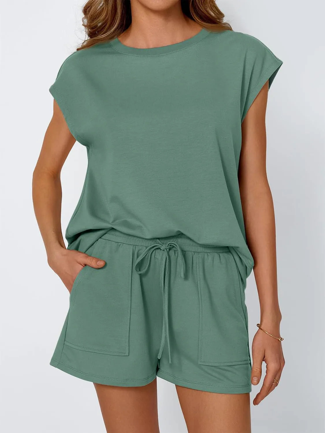 Round Neck Cap Sleeve Top and Shorts Set - CHIC TB