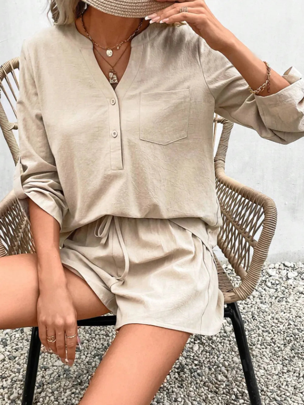 Notched Long Sleeve Top and Shorts Set - CHIC TB