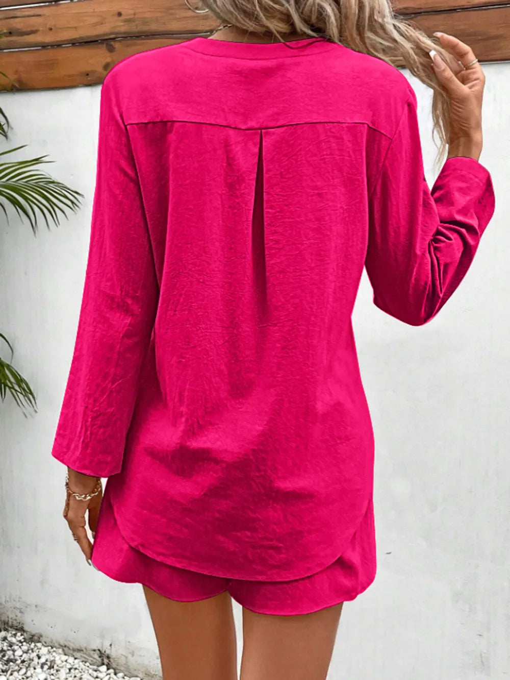 Notched Long Sleeve Top and Shorts Set - CHIC TB