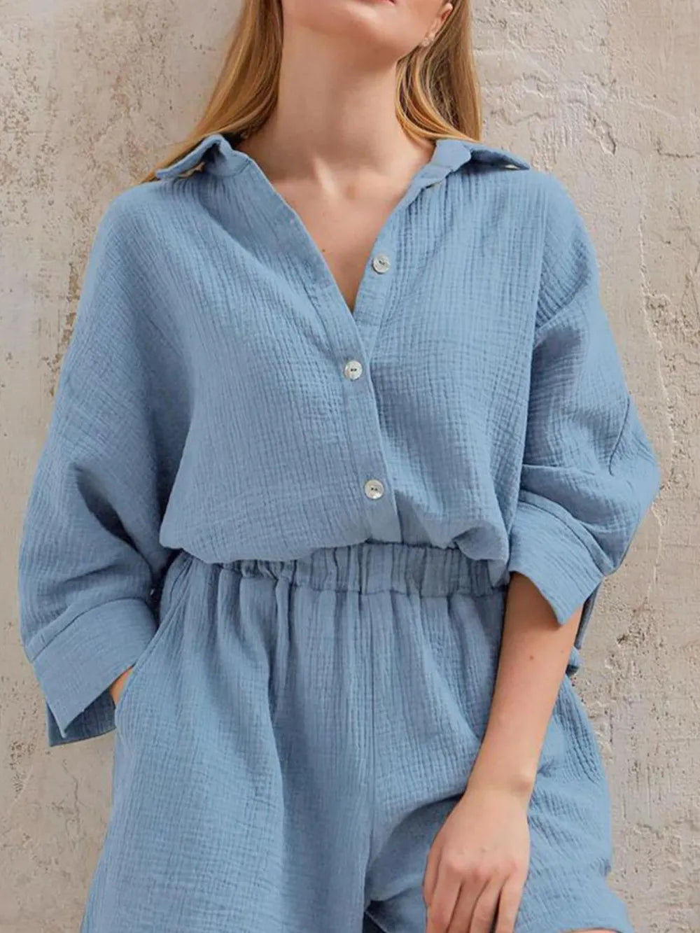 Texture Button Up Shirt and Shorts Set - CHIC TB
