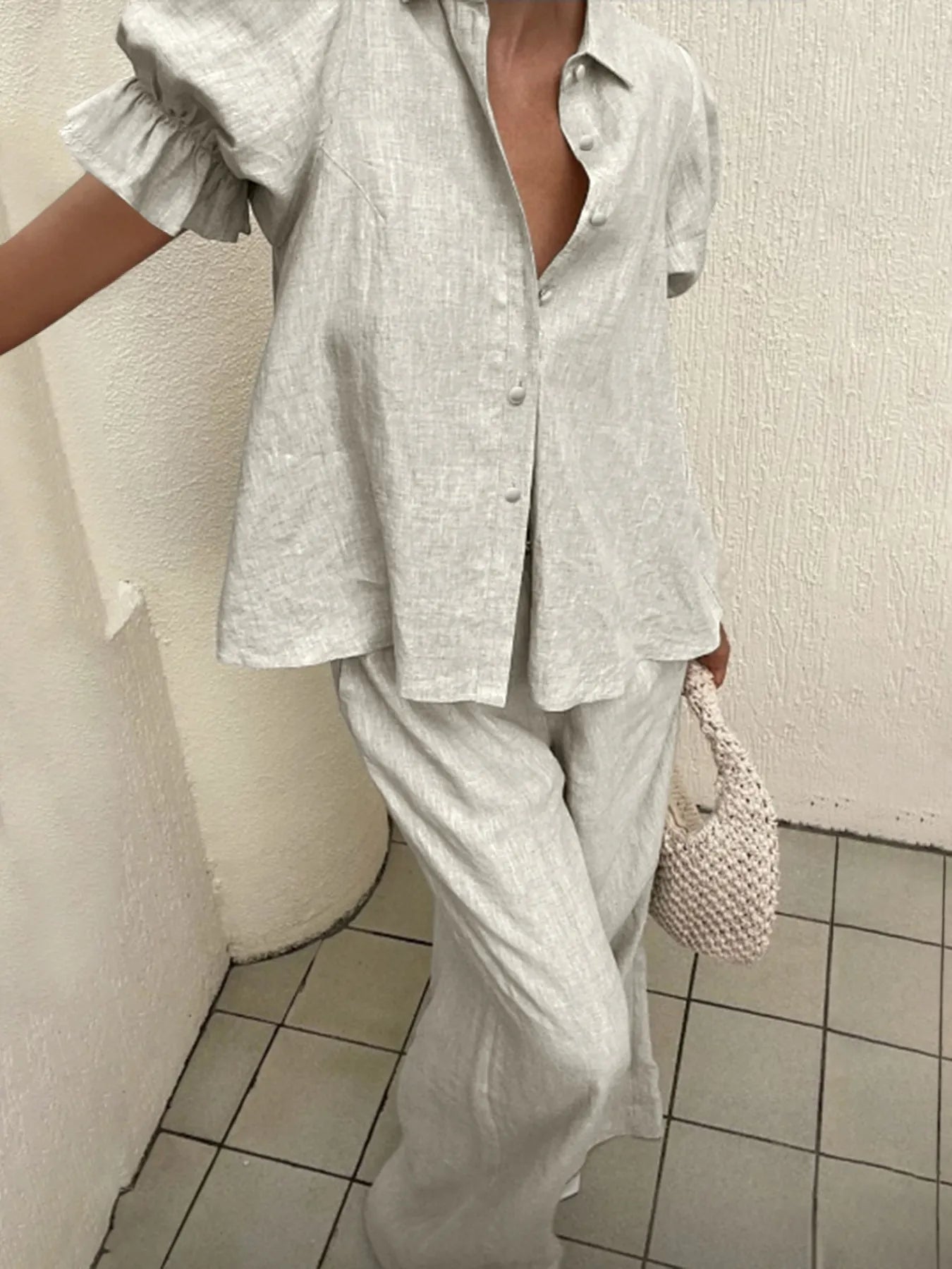 Plus Size Button-Down Shirt and Wide-Leg Pants Set - CHIC TB