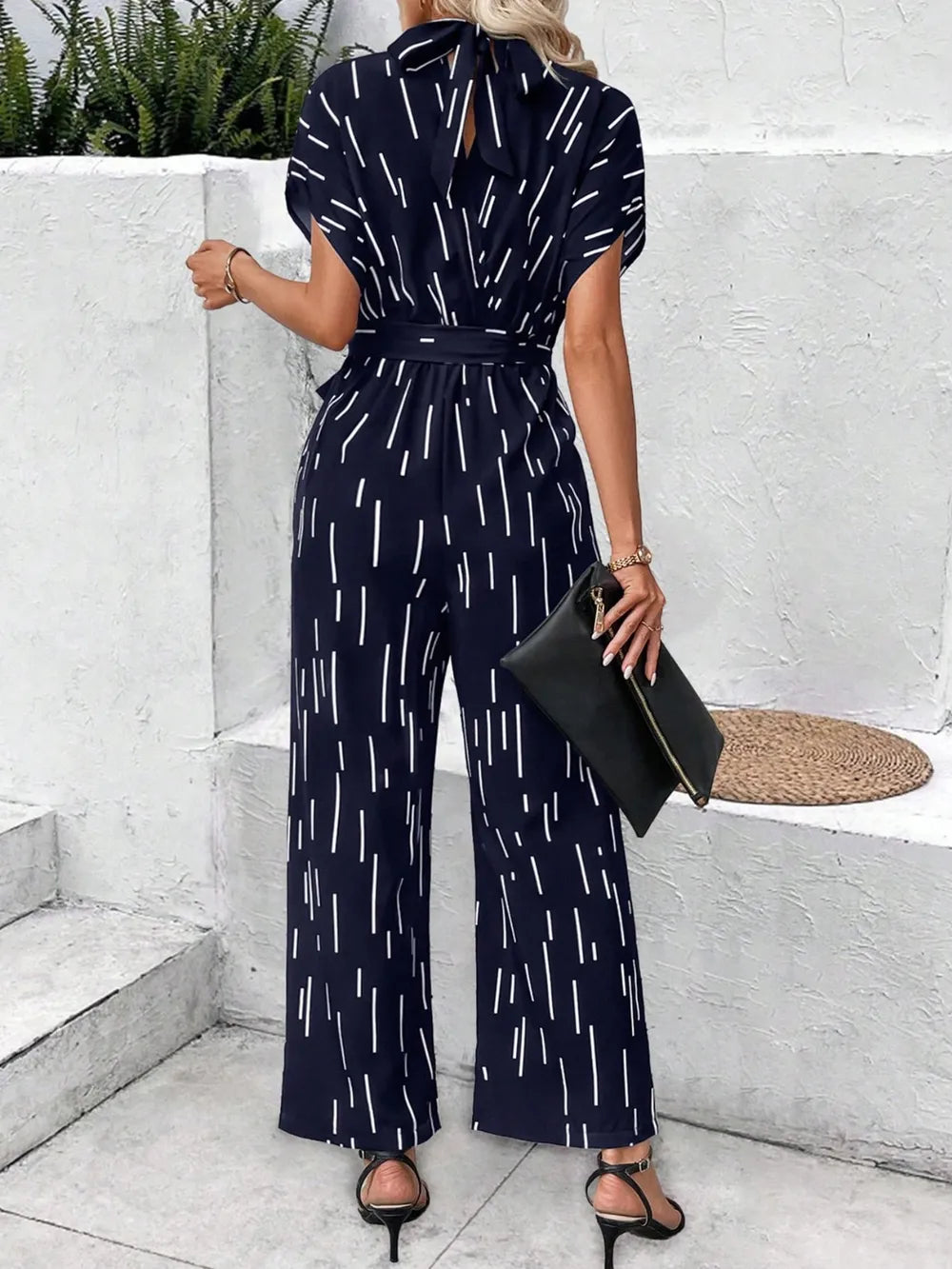 Tied Printed Mock Neck Wide Leg Jumpsuit - CHIC TB