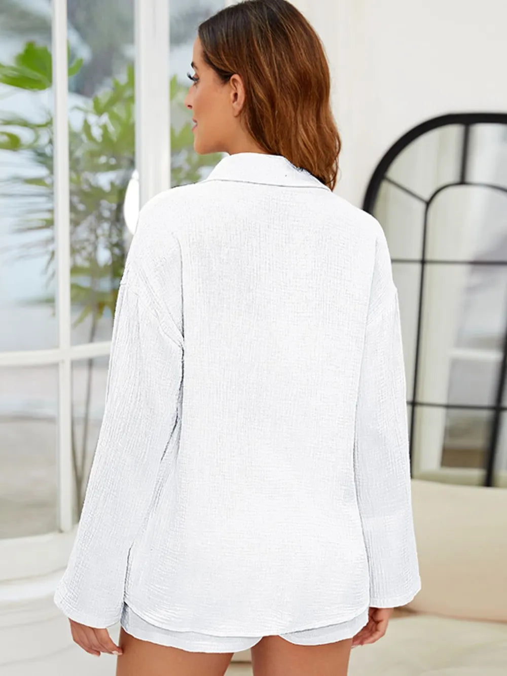 Button Up Long Sleeve Top and Shorts Set - CHIC TB