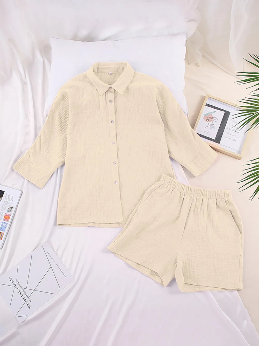 Texture Button Up Shirt and Shorts Set - CHIC TB