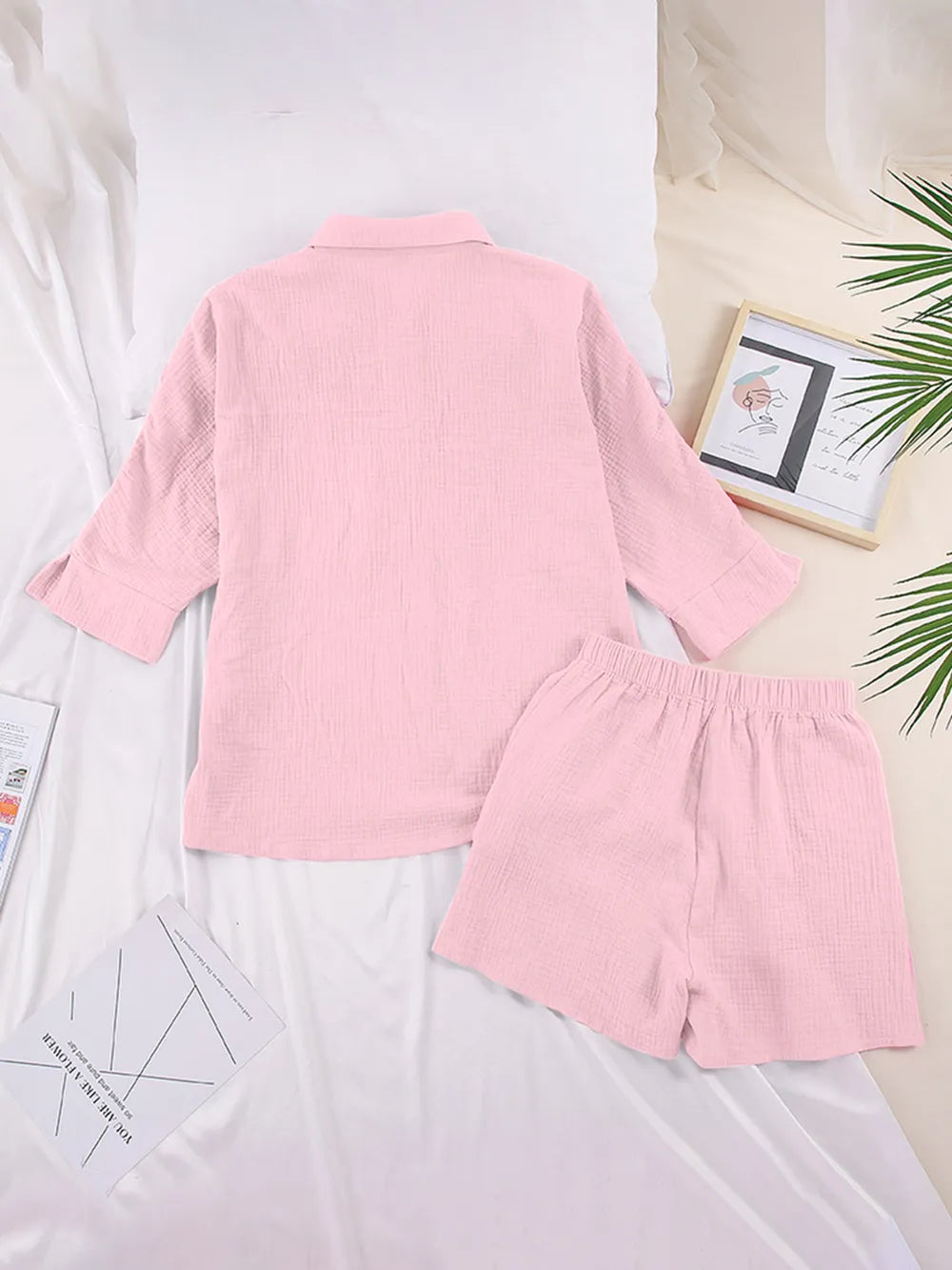 Texture Button Up Shirt and Shorts Set - CHIC TB