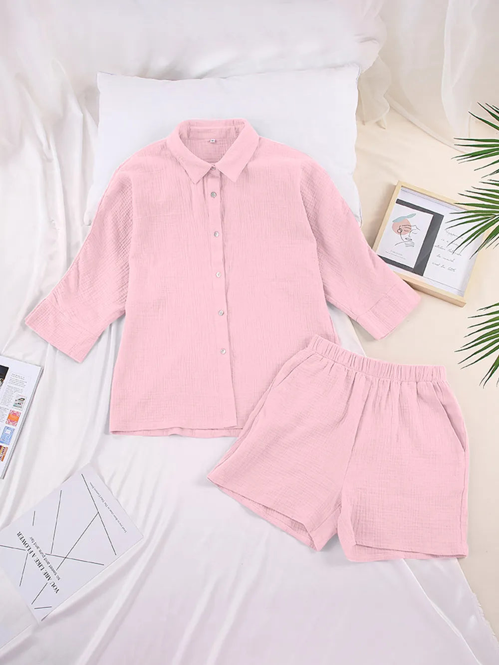 Texture Button Up Shirt and Shorts Set - CHIC TB