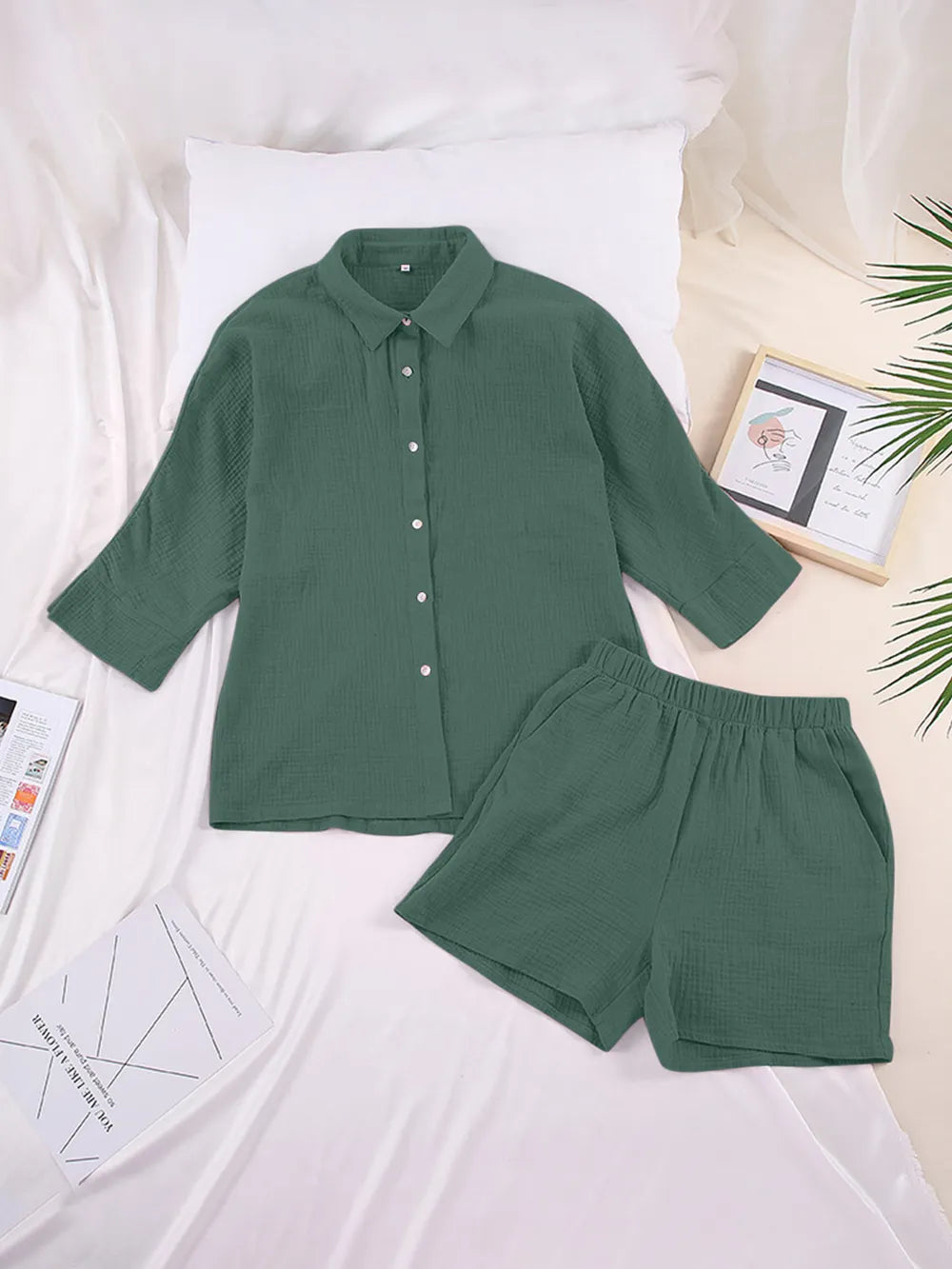 Texture Button Up Shirt and Shorts Set - CHIC TB