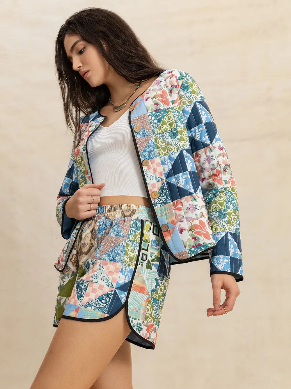 Button Up Long Sleeve Outerwear and Shorts Set - CHIC TB