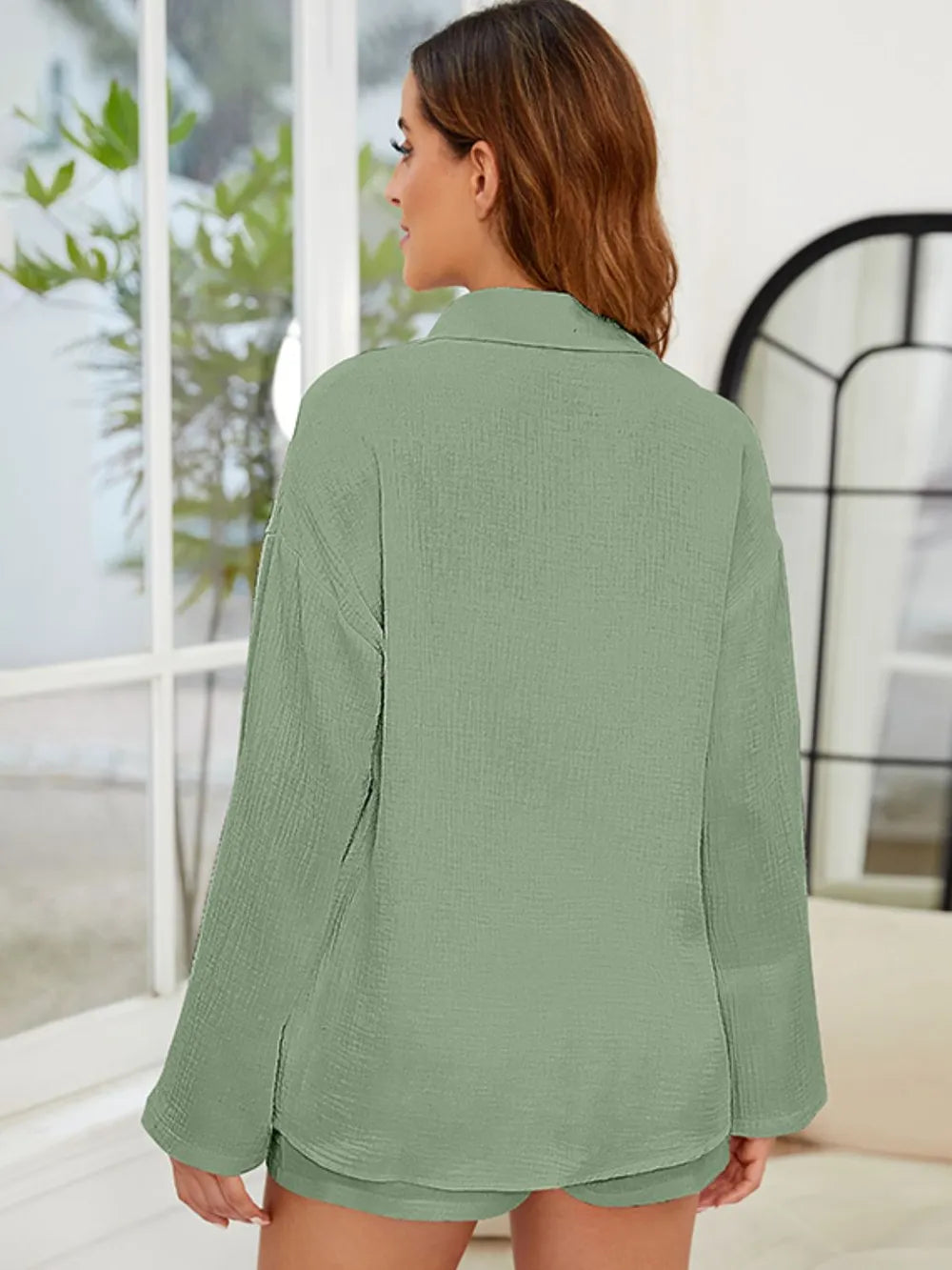 Button Up Long Sleeve Top and Shorts Set - CHIC TB