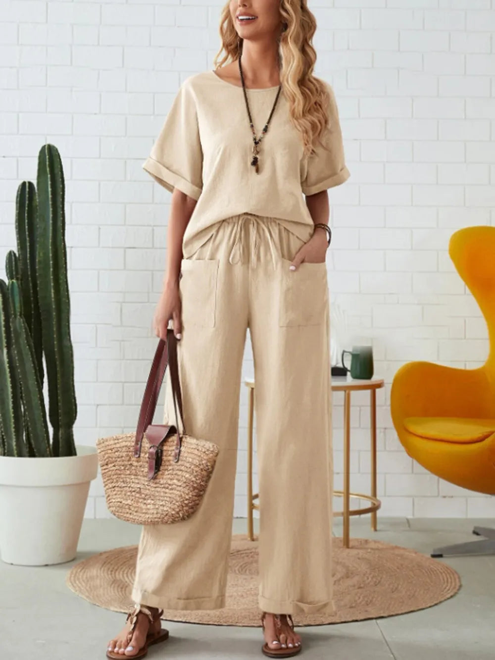 Round Neck Half Sleeve Top and Pocketed Pants Set - CHIC TB