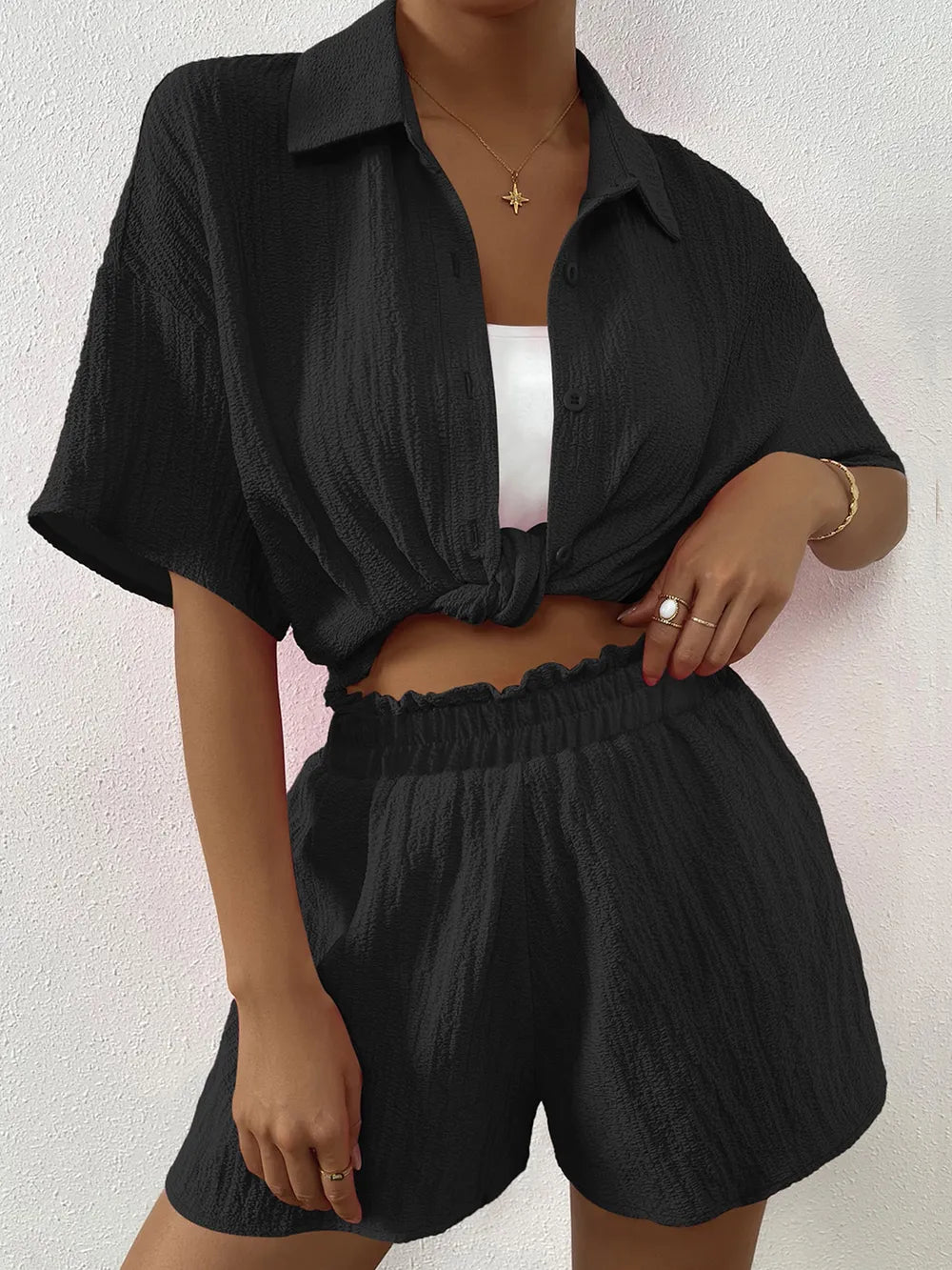 Button Up Half Sleeve Top and Shorts Set - CHIC TB