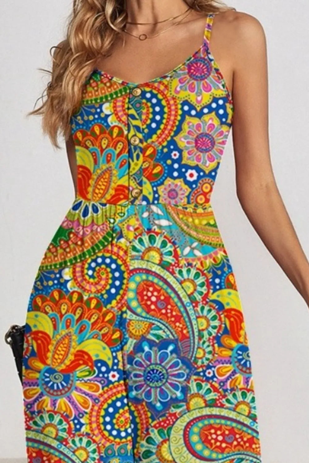 FAM-FAM Decorative Button Spaghetti Strap Wide Leg Jumpsuit - CHIC TB
