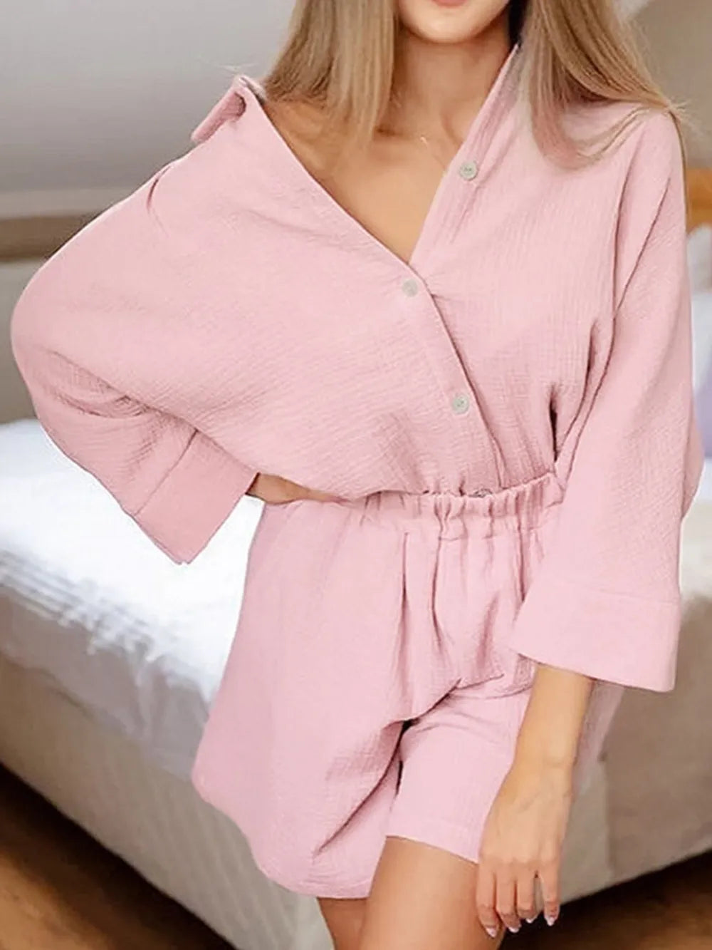 Texture Button Up Shirt and Shorts Set - CHIC TB