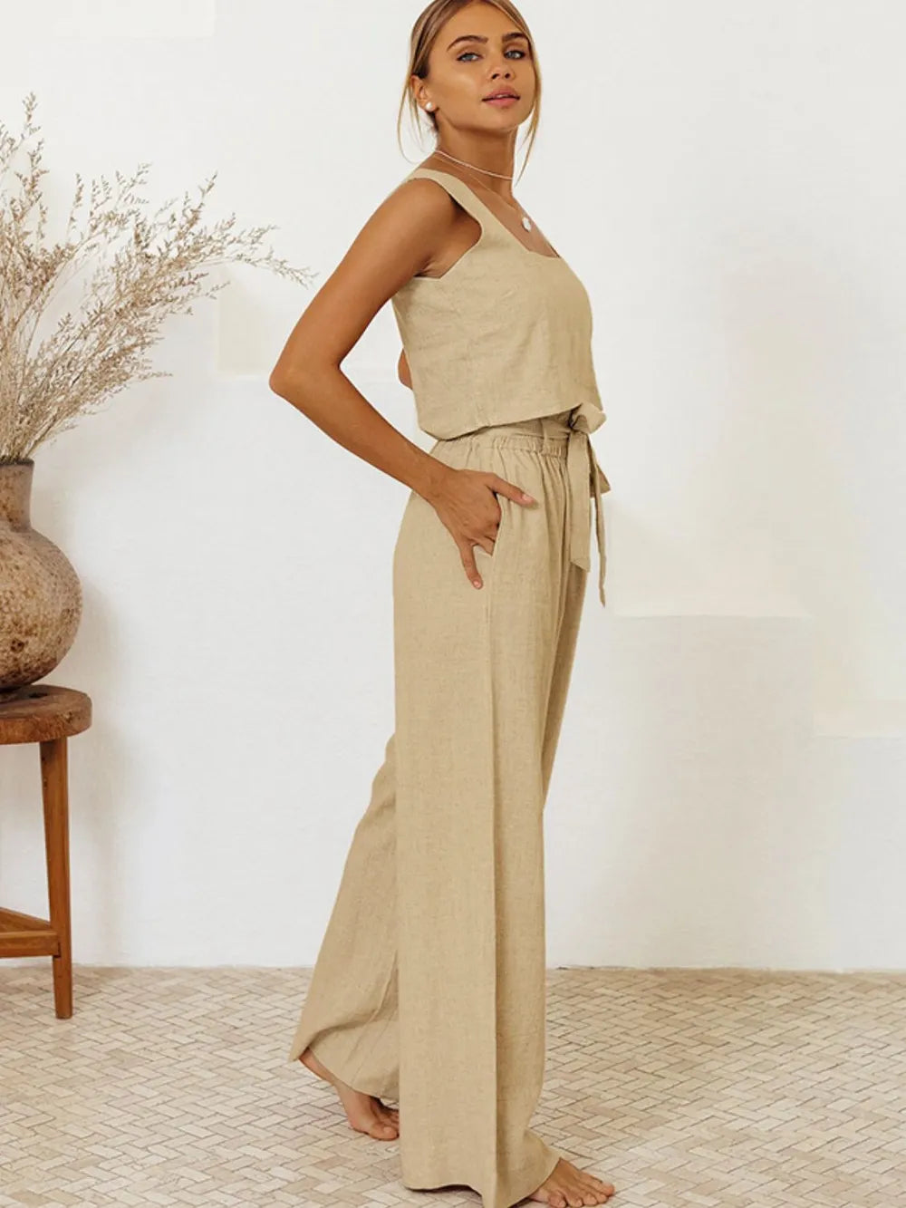 Square Neck Sleeveless Top and Pants Set - CHIC TB