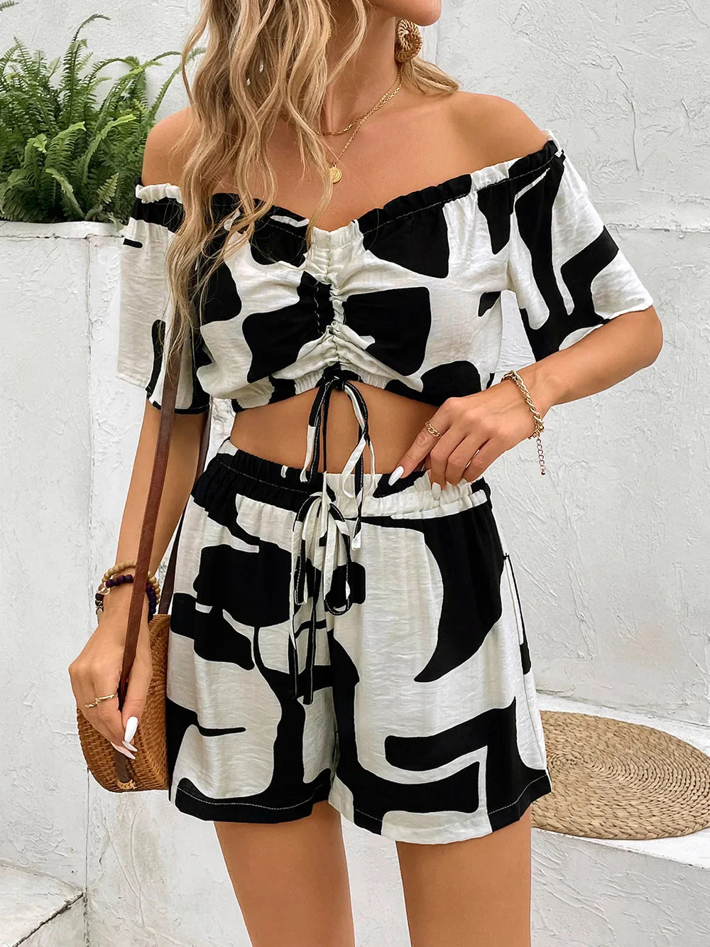Perfee Drawstring Off-Shoulder Top and Shorts Set - CHIC TB