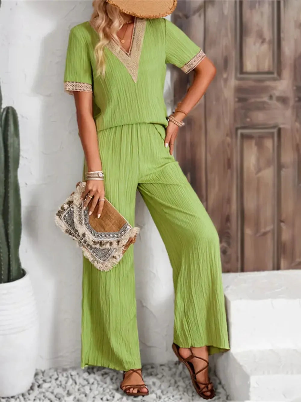 V-Neck Short Sleeve Top and Pants Set - CHIC TB