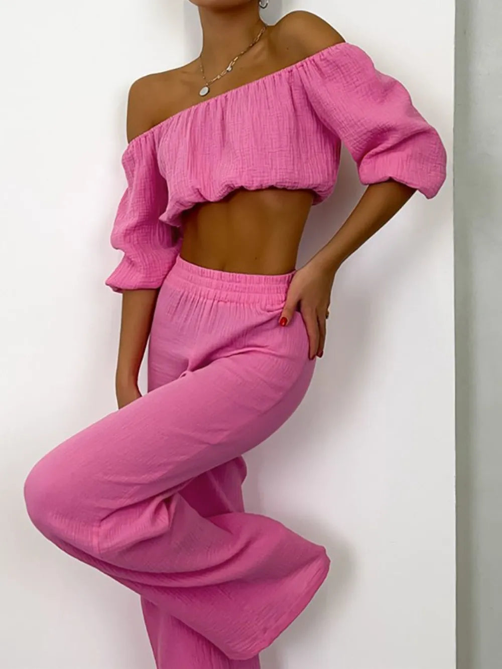 Off Shoulder Long Sleeve Top and Pants Set - CHIC TB