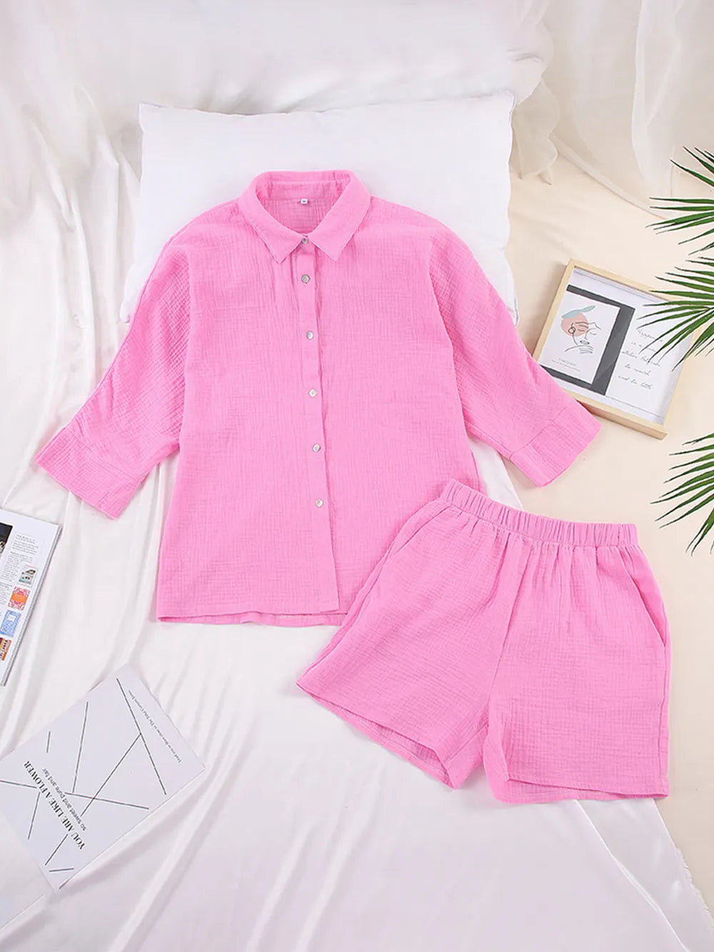 Texture Button Up Shirt and Shorts Set - CHIC TB