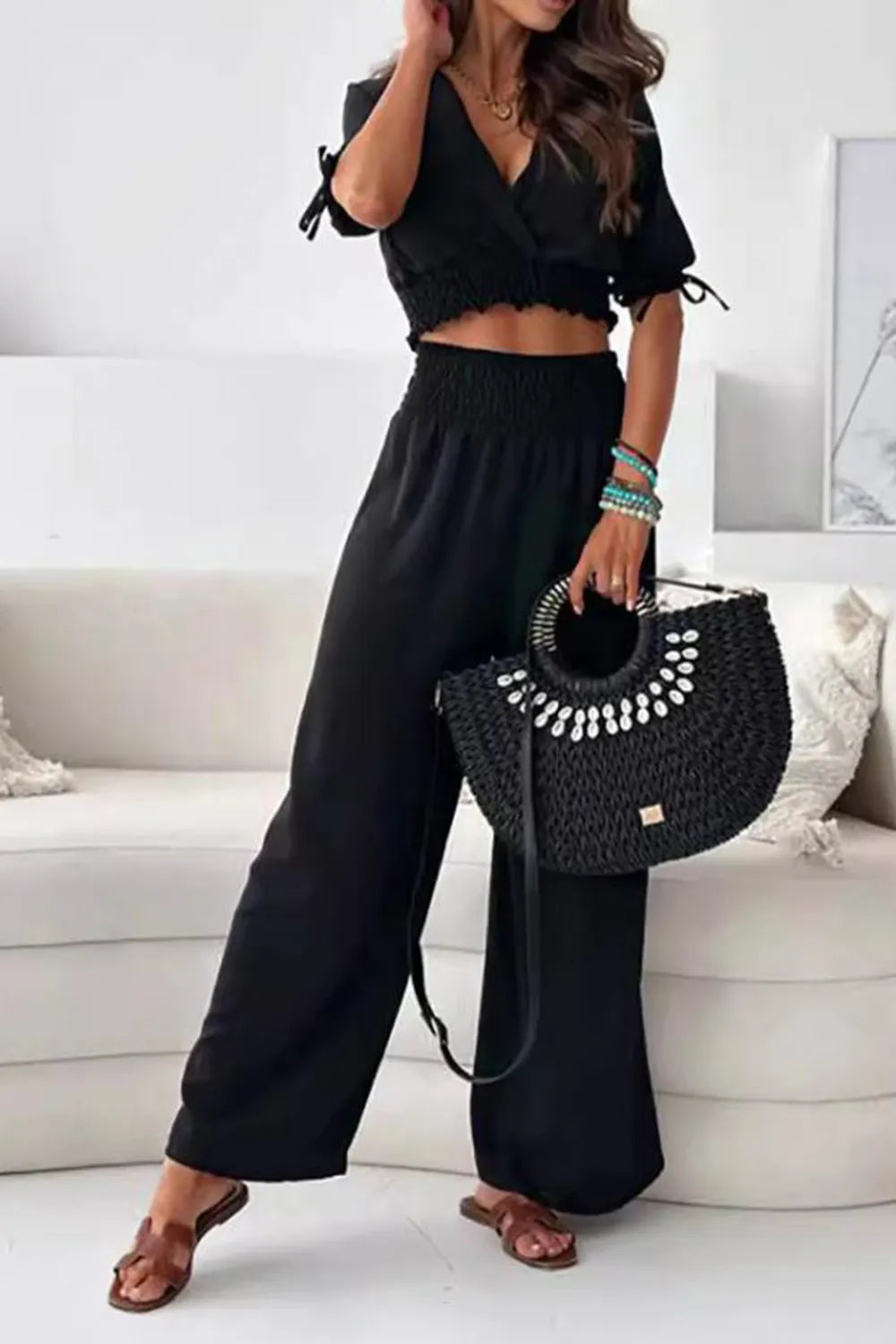 Surplice Short Sleeve Top and Pants Set - CHIC TB